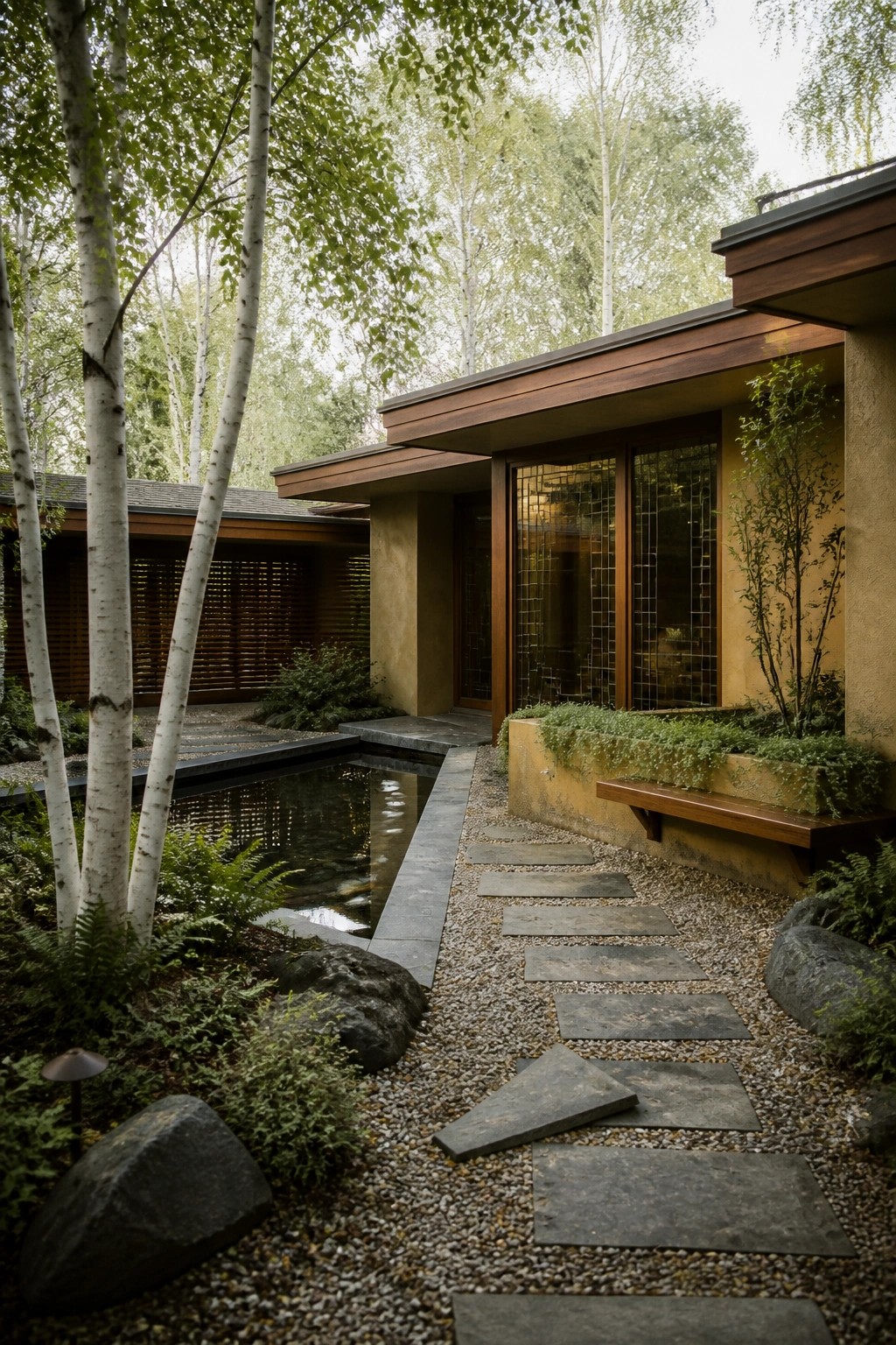 A modern house exterior with a gravel path of irregular stepping stones leading past a narrow reflecting pool, birch trees, and low plantings toward glass doors and a wooden bench.
