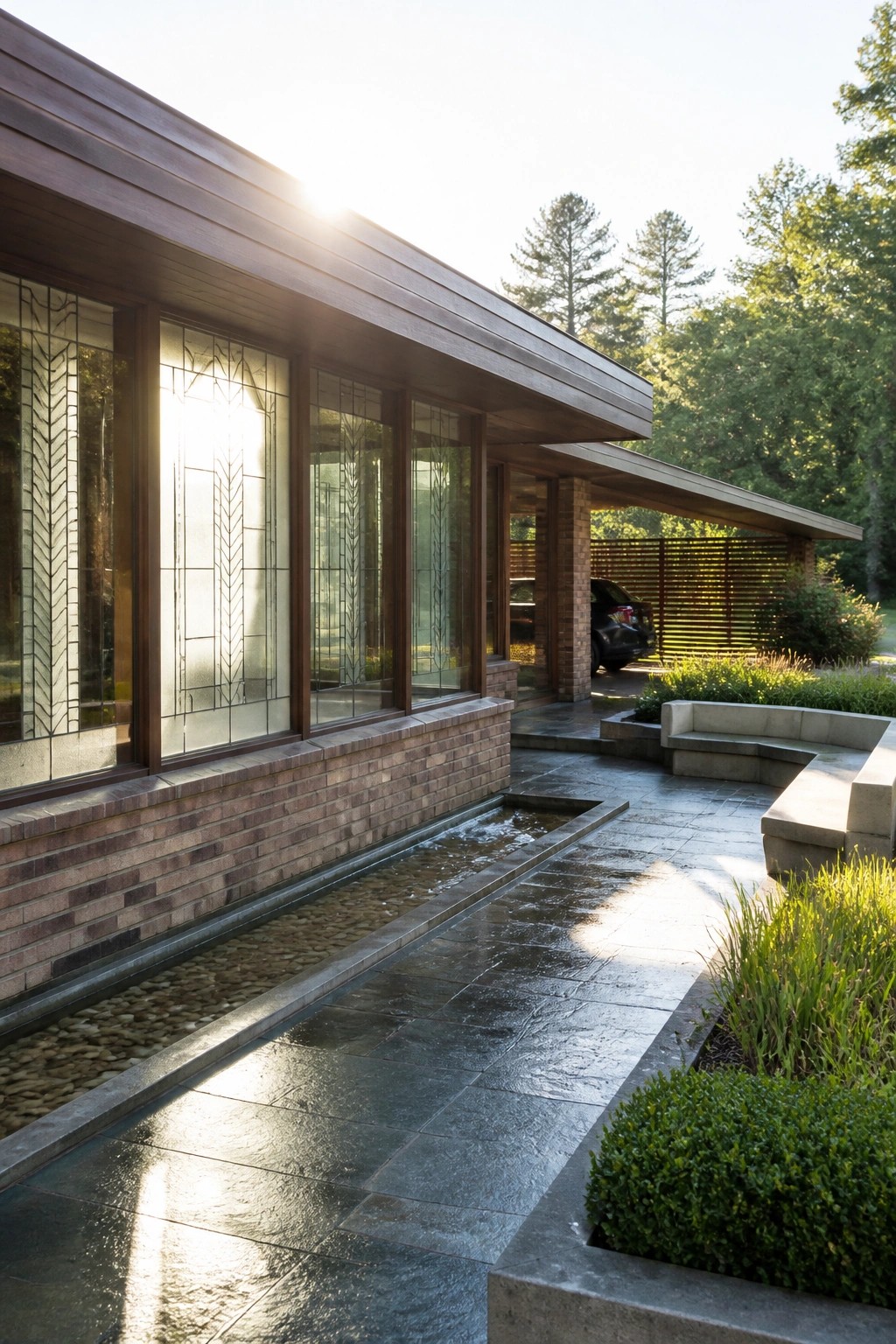 Exterior view of a low-slung house with horizontal wood siding, tall leaded-glass windows, brick base, extended flat roof, stone paving, and a narrow water feature running along the foundation.