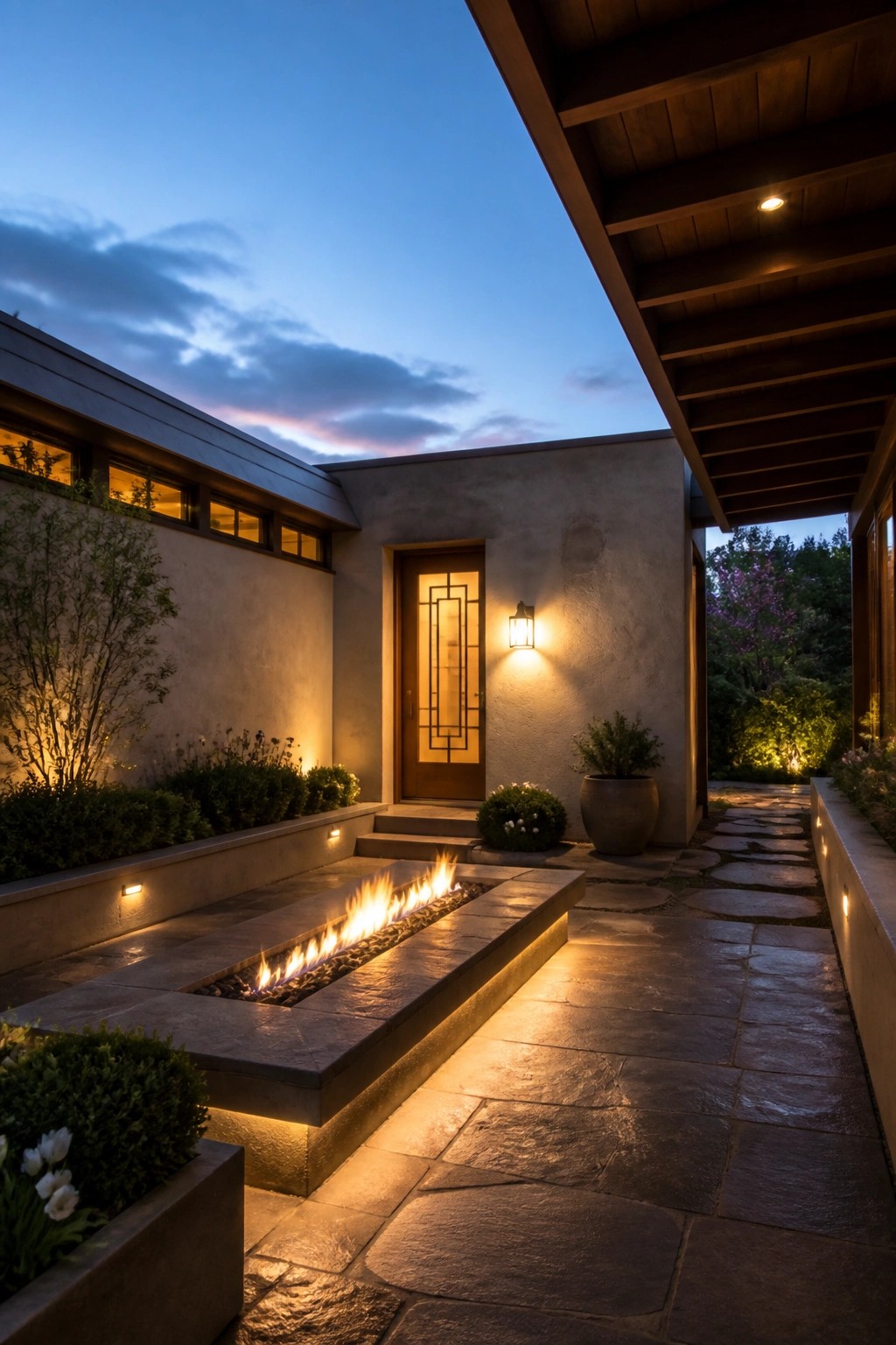 A modern house exterior at dusk features a long rectangular stone fire pit running beside a flagstone pathway, with a lit wooden door and wall sconce visible in the background.