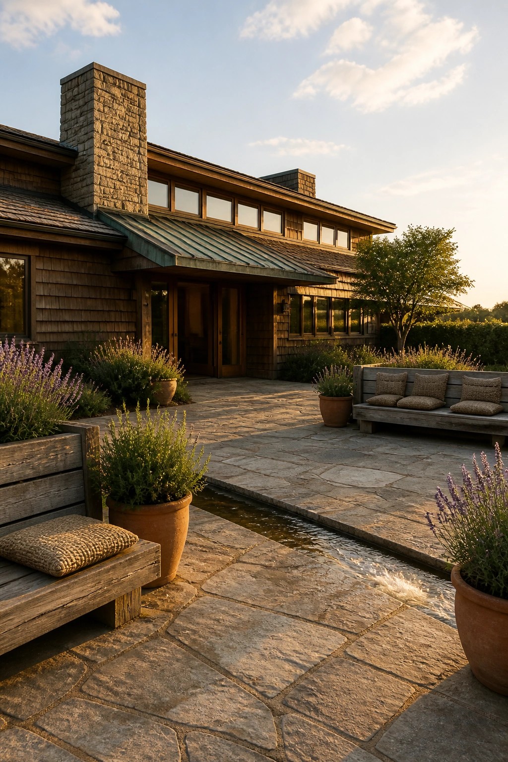 A wooden house exterior with a large stone patio that includes a narrow water channel, wooden benches with cushions, and several terracotta pots with lavender.