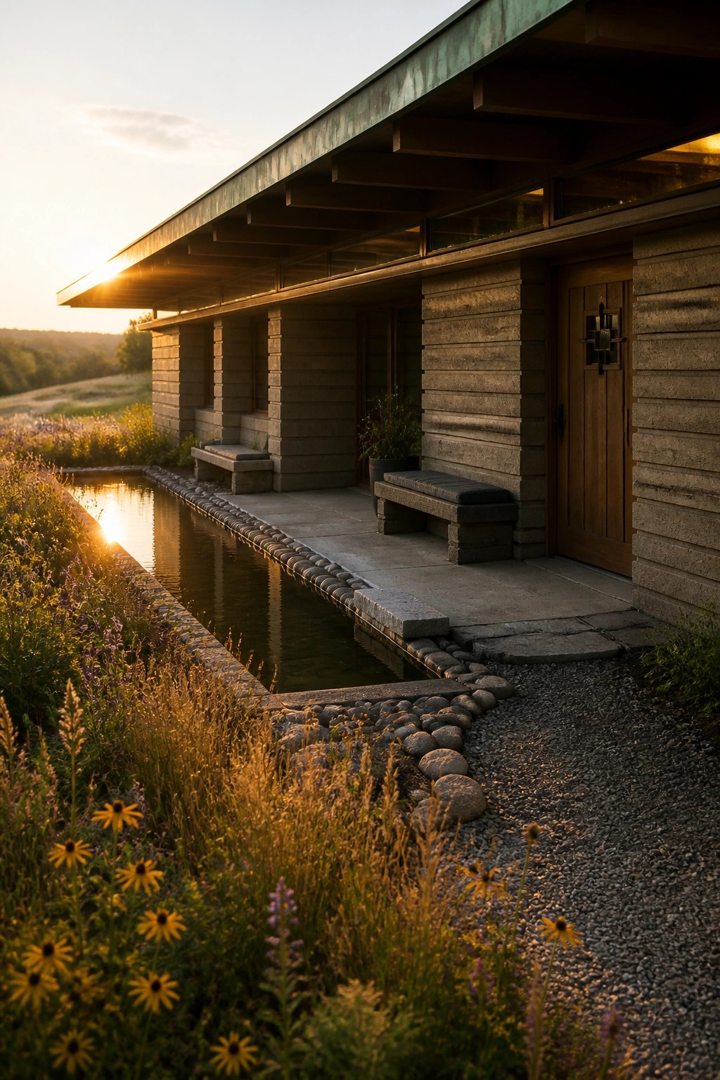 A low stone house with a long rectangular water channel running parallel to the facade, bordered by wildflowers and a gravel path at sunset.