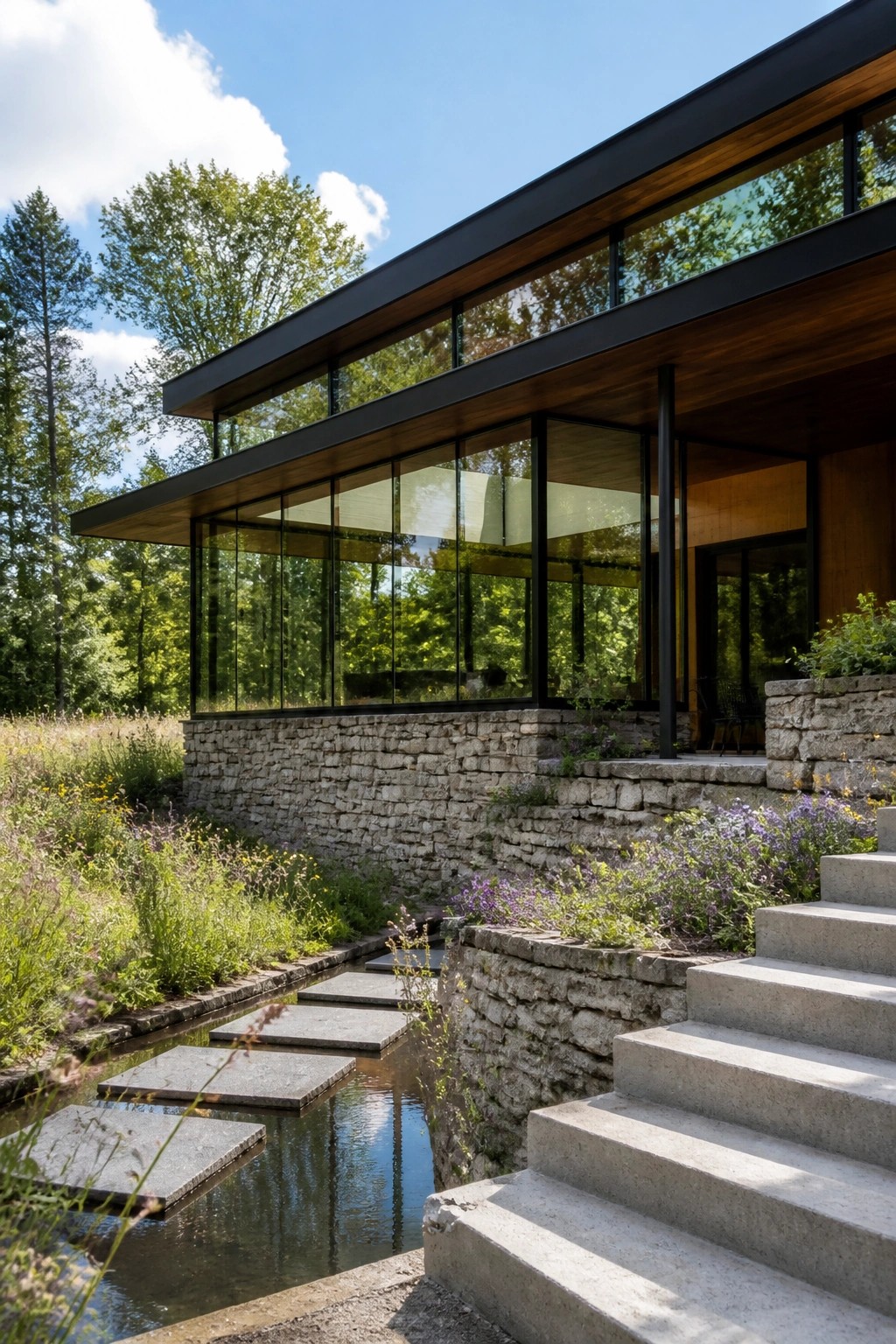 Modern house exterior with large glass windows, dark trim, wood ceiling, and a stone foundation beside a shallow water channel crossed by concrete stepping stones.