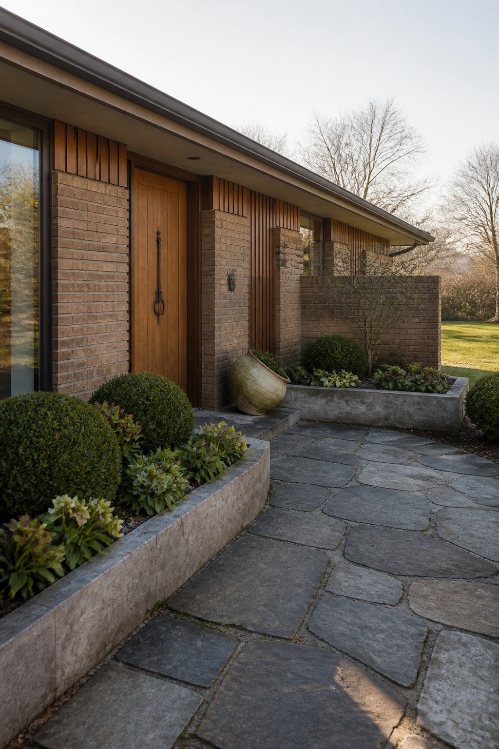 Modern brick home entrance with wooden door, stone path, and planters