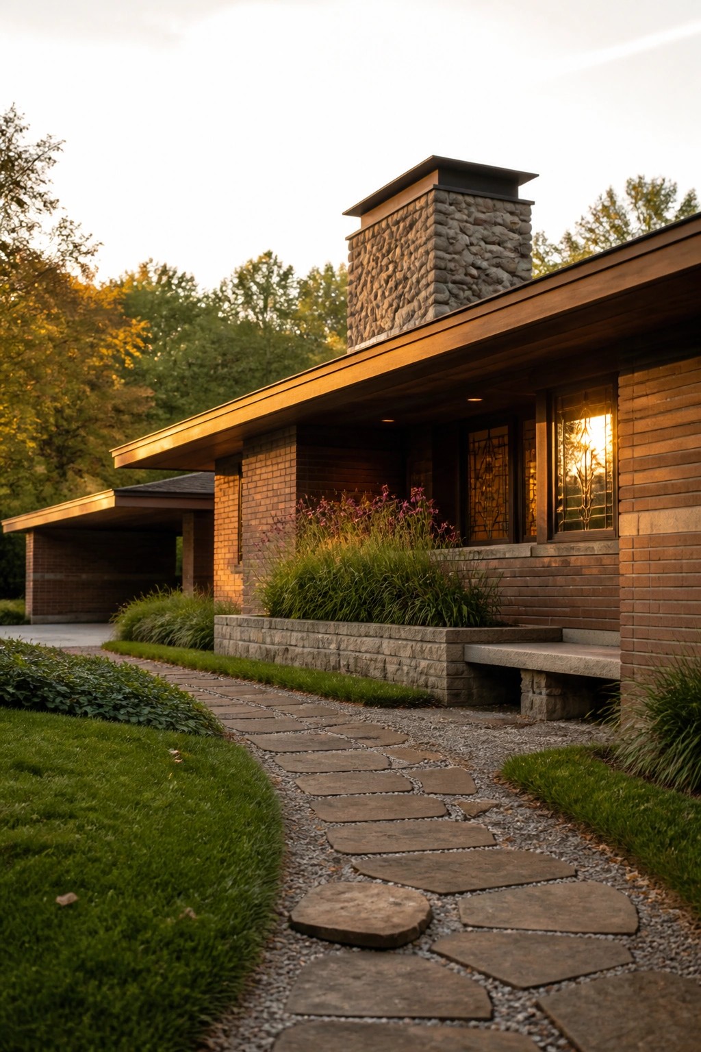 A winding path of irregular stone pavers set in gravel leads through grass and low plantings to a brick house with a large stone chimney.