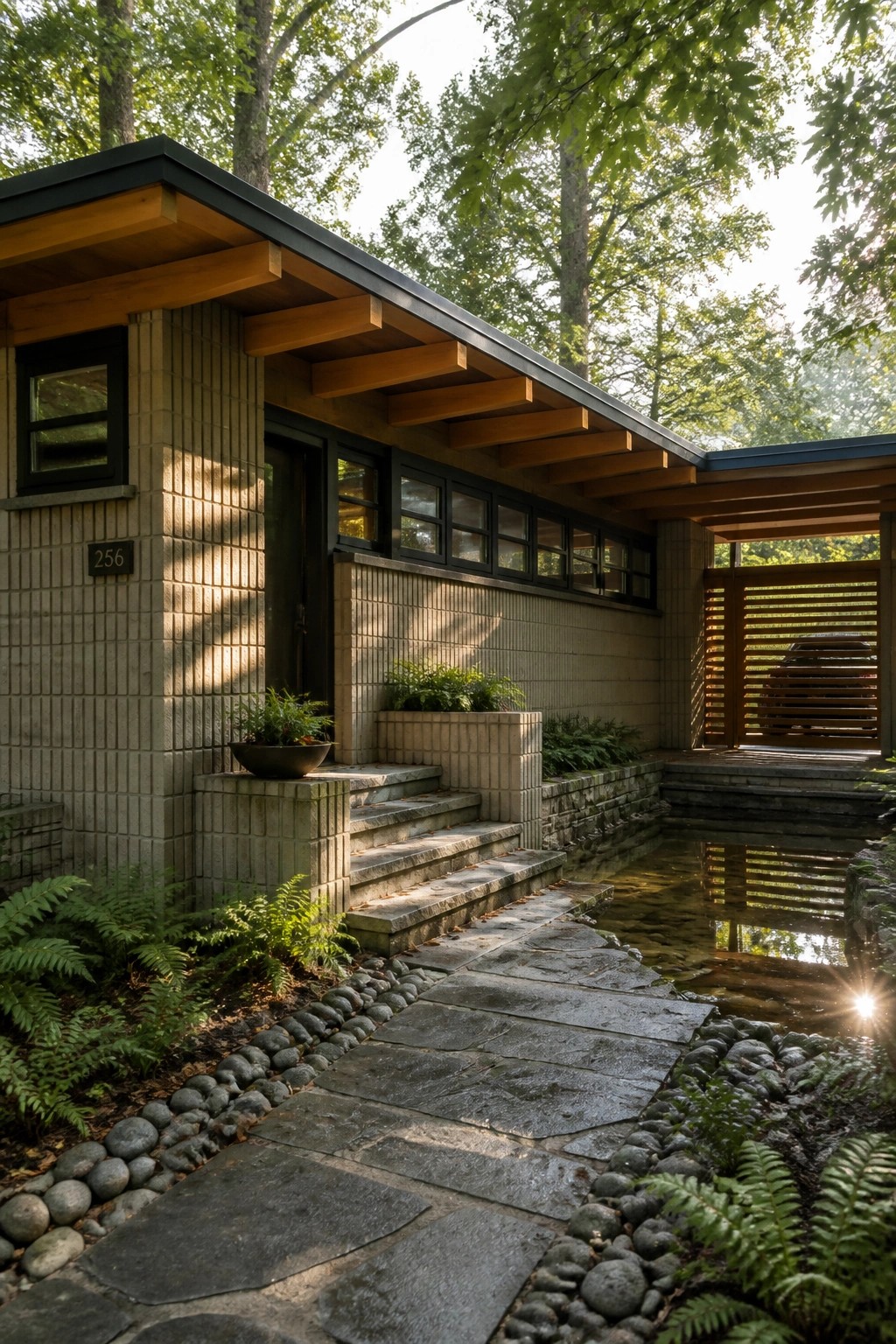 Modern brick house with stone path, steps, and reflecting pond amid ferns and trees