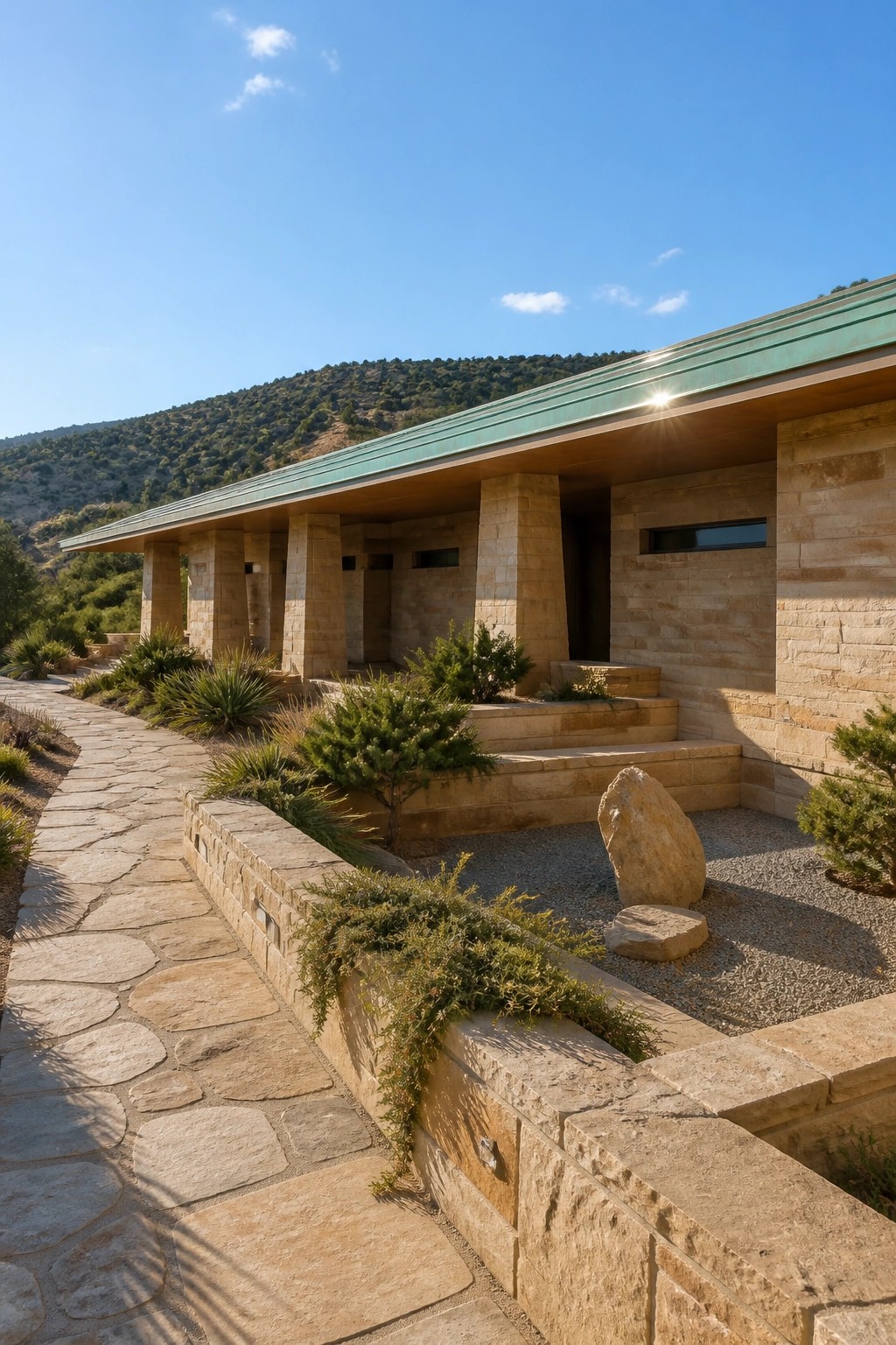 A low stone house with a green metal roof sits against a hillside, with a stone path leading past low shrubs and gravel beds.