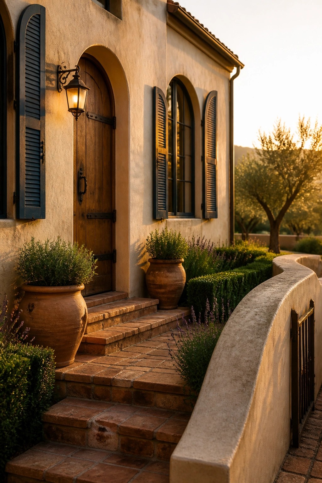 A stucco house with an arched wooden front door, lit lantern, terracotta pots on brick steps, and arched windows with dark shutters.