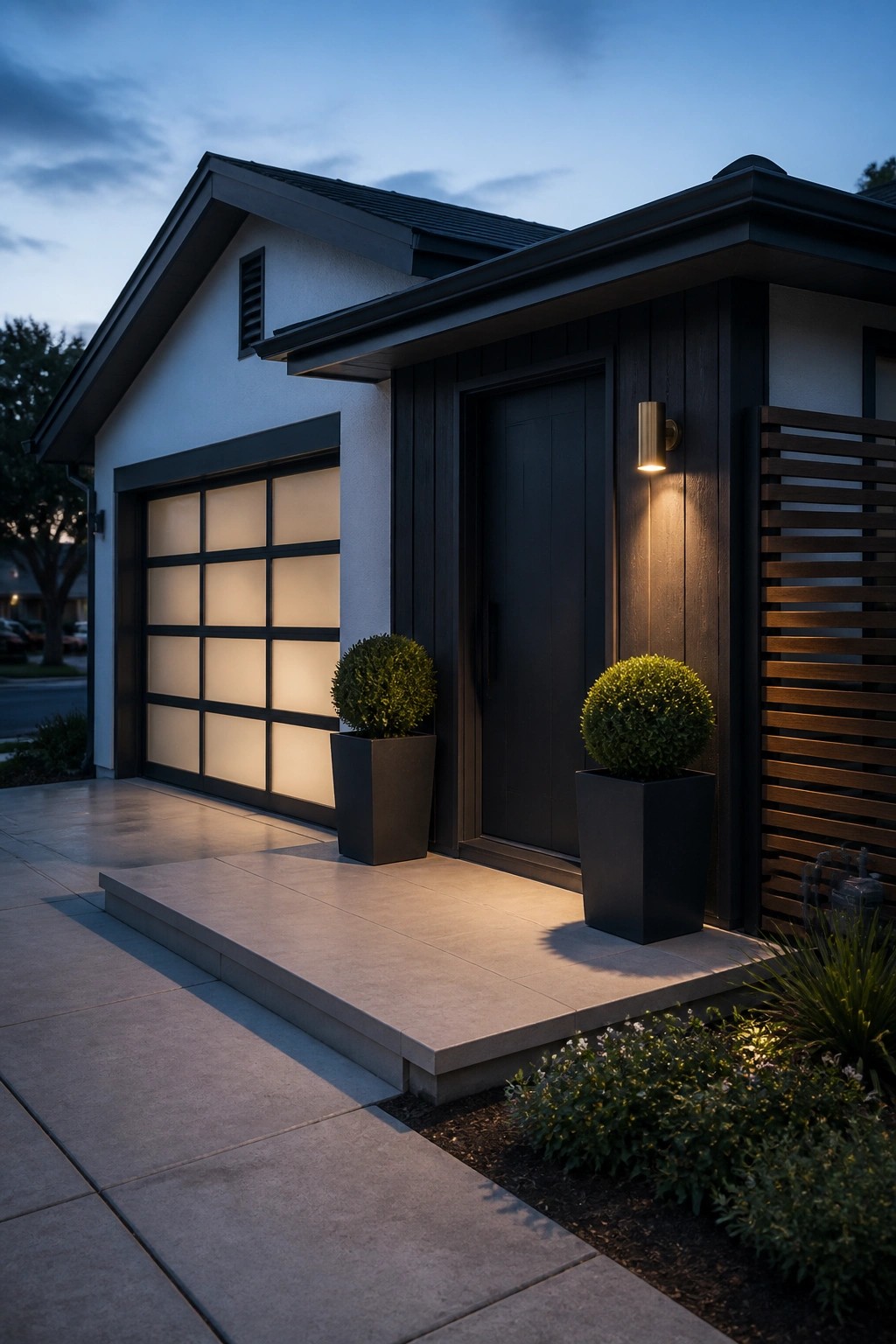A modern house exterior at dusk showing a dark front door, vertical dark wood siding, a lit wall sconce, two potted shrubs, and an illuminated garage door.