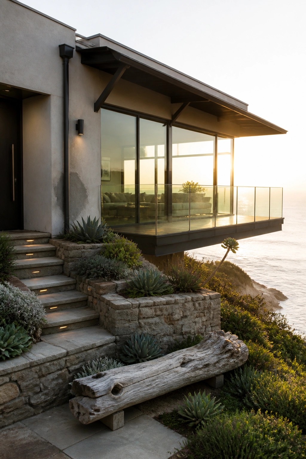 Modern cliffside home with glass windows, balcony overlooking ocean at sunset, stone steps and plants