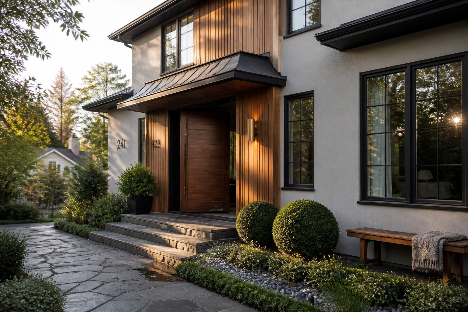 A contemporary two-story house with vertical wood siding on the left side of the entry, a dark wooden door under a black metal canopy, large black-framed windows, and stone steps leading to a landscaped front yard.