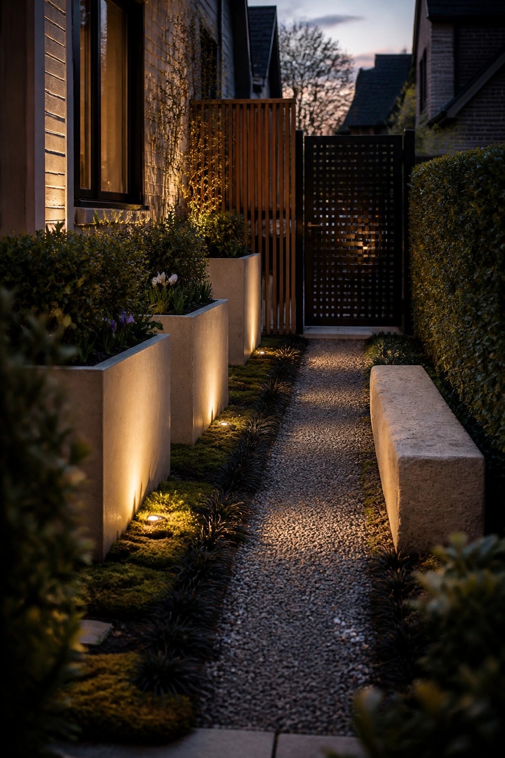 A narrow gravel path runs between modern houses, lined with illuminated concrete planters, low ground lights, and a dark wooden gate at the end.