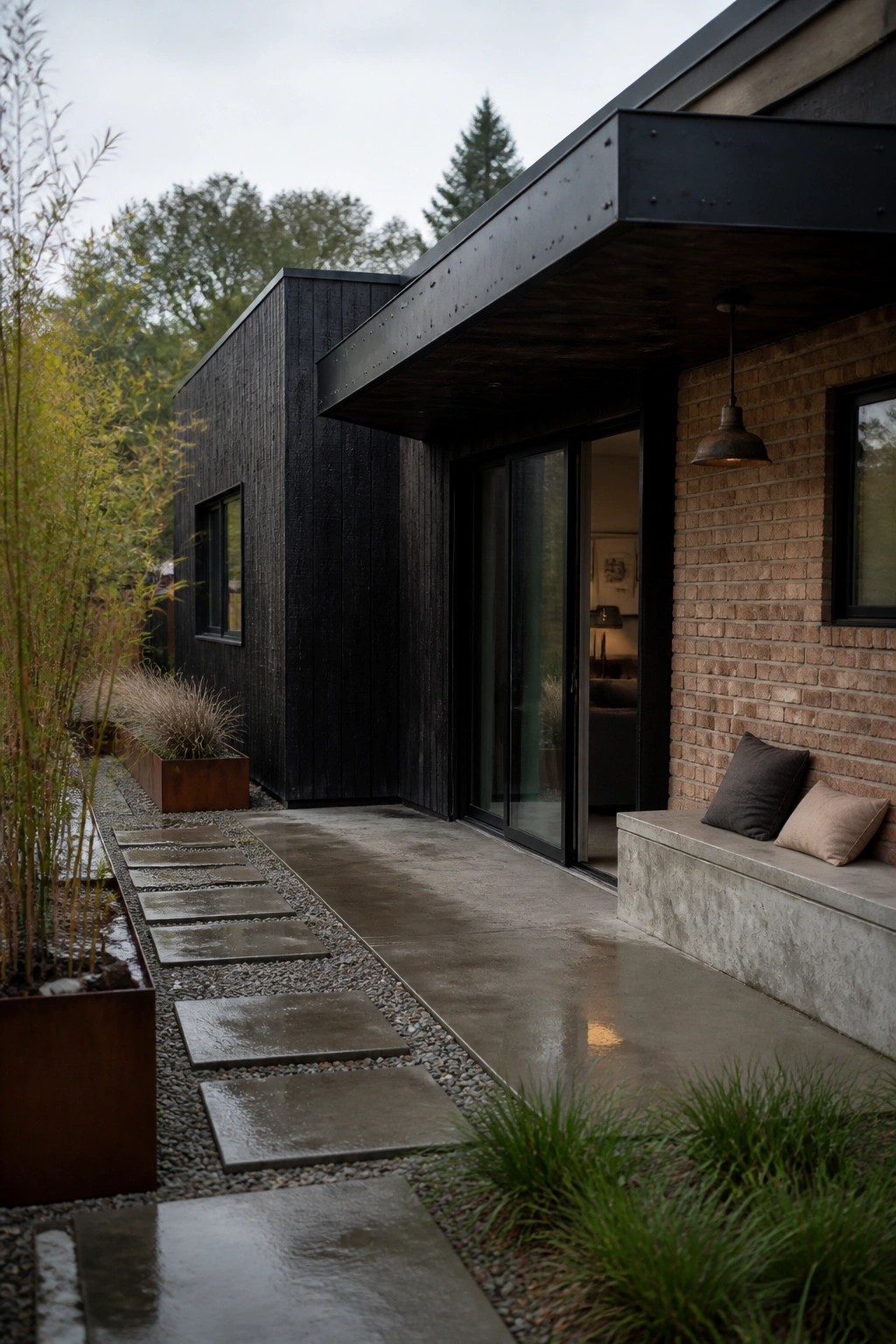 Modern house exterior with black vertical siding, brick wall section, large overhang, sliding glass doors, concrete bench with pillows, and a gravel path with stepping stones.