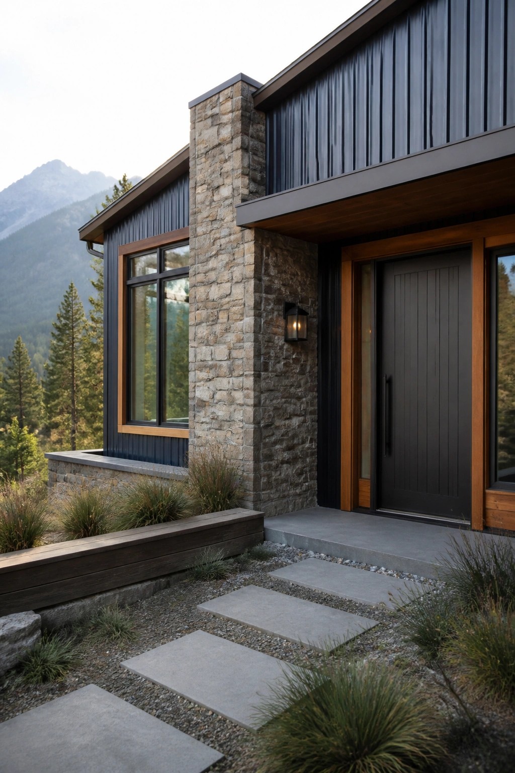 A contemporary house exterior shows a tall stone column next to dark vertical metal siding, a black front door with wood trim, and a path of concrete pavers set in gravel.