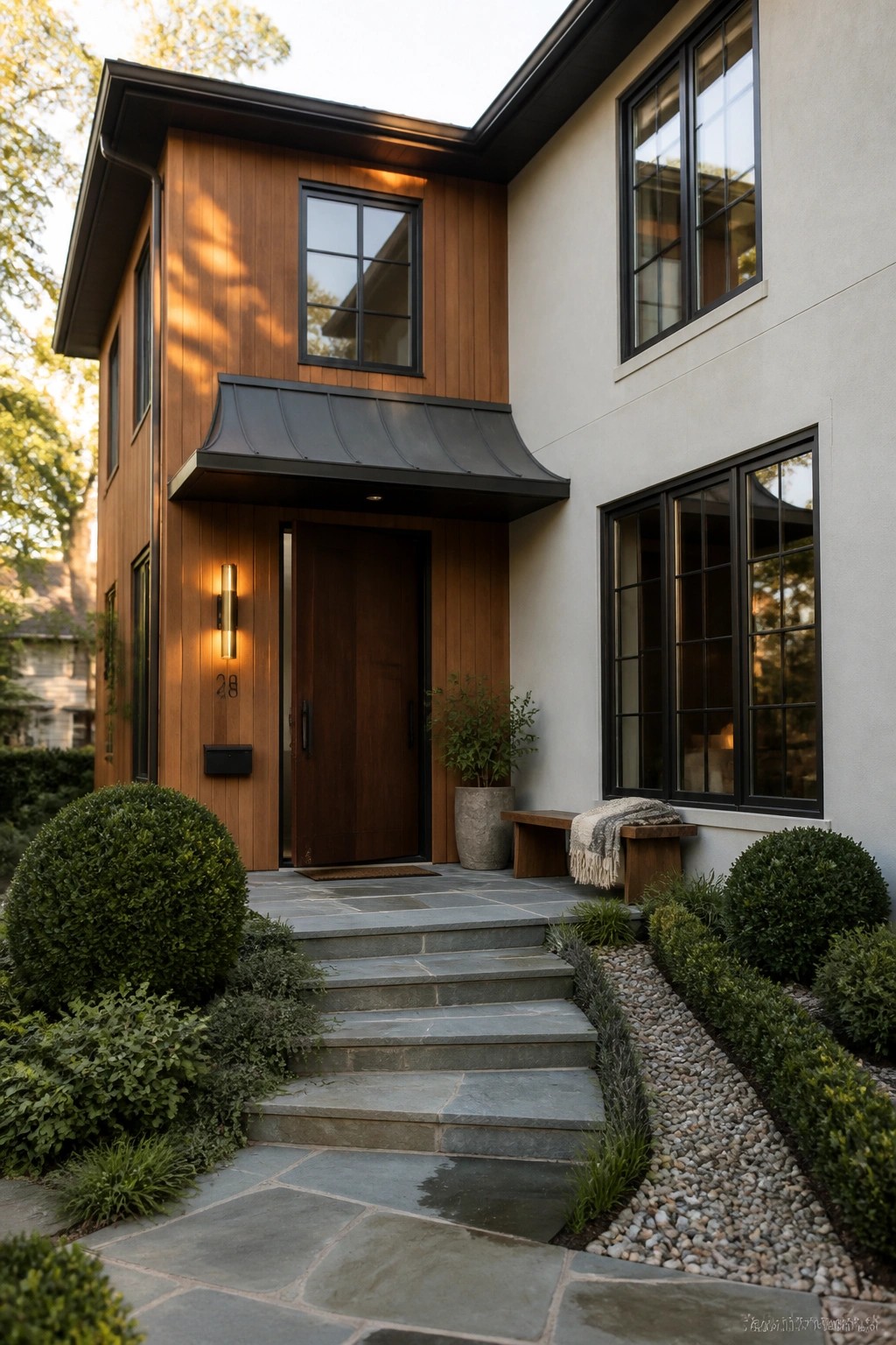 A contemporary two-story house with vertical wood siding on the left side of the entry, a dark wooden door under a black metal canopy, large black-framed windows, and stone steps leading to a landscaped front yard.