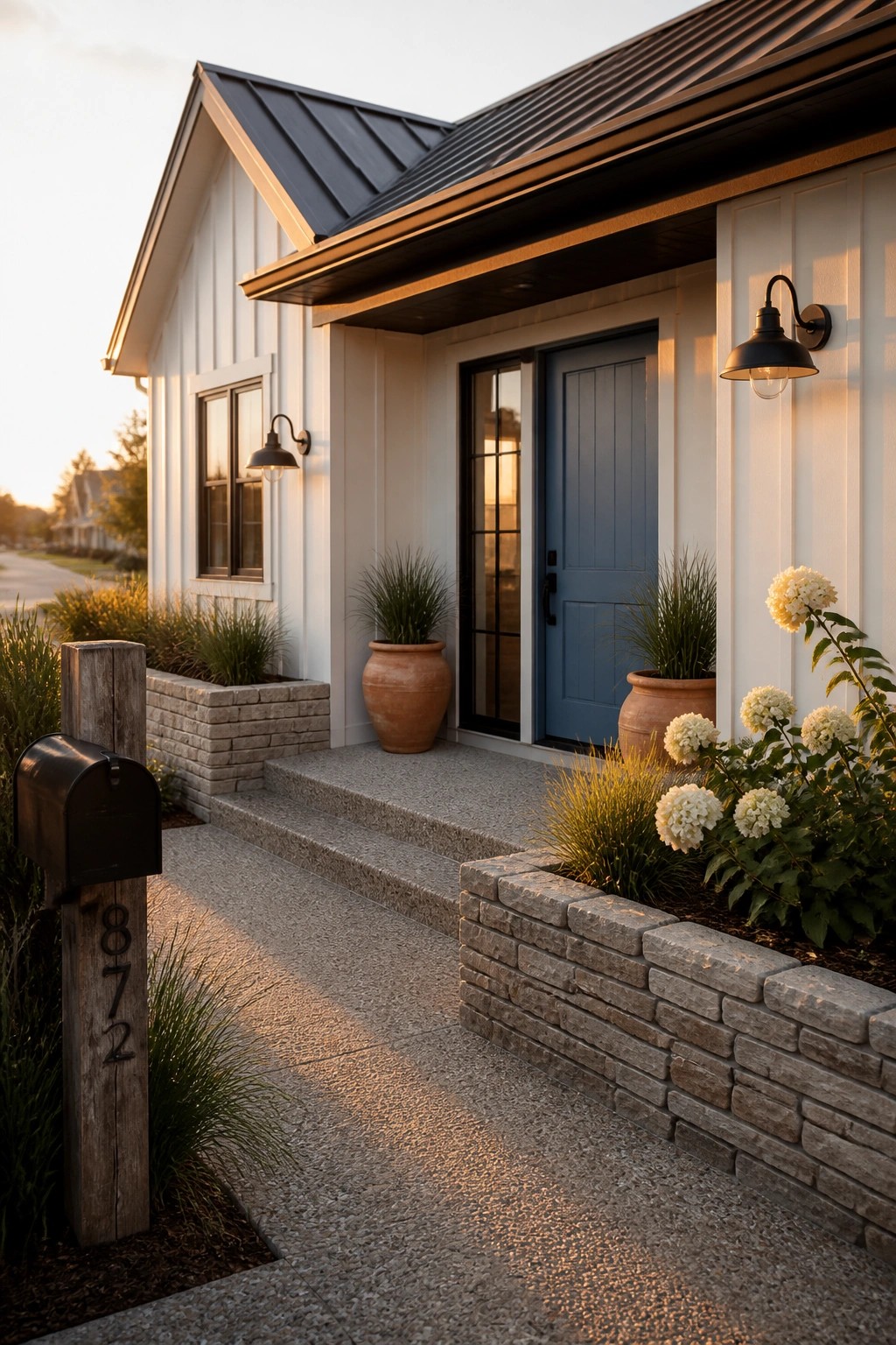 White house with blue door, stone steps, potted plants, and mailbox 872 at dusk