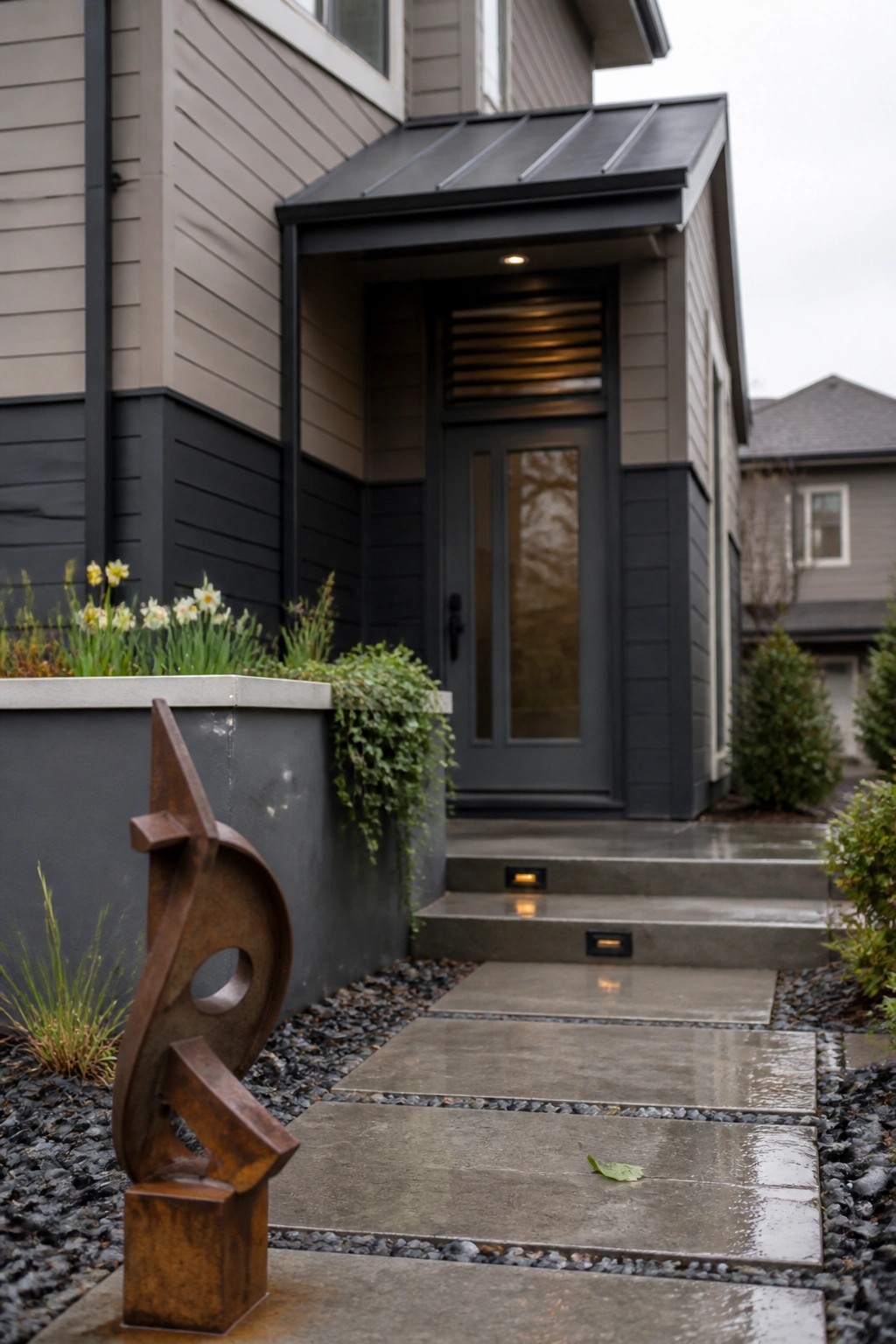 A contemporary house exterior featuring a dark gray front door beneath a black metal canopy, concrete steps with recessed lights, and a stone paver walkway.