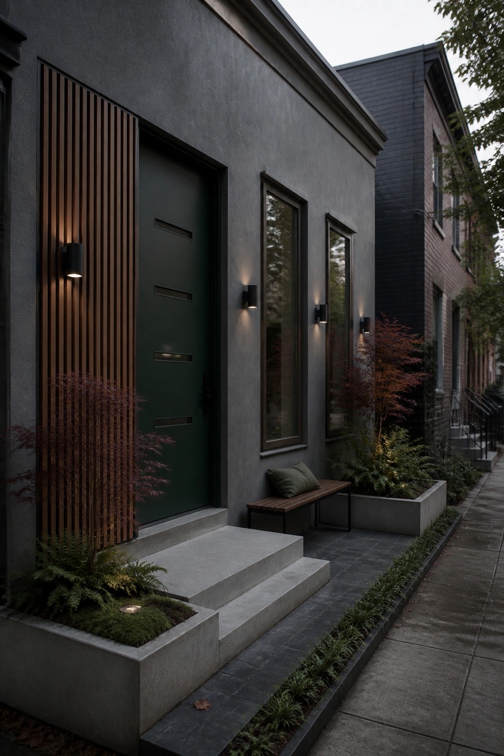 A modern house front with a dark green door, vertical wood slats on the left wall, wall sconces, concrete steps, and low planters with shrubs.