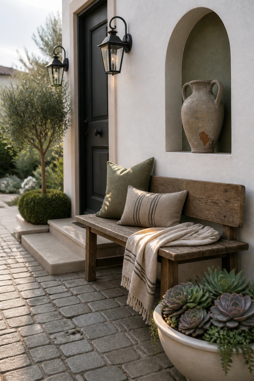 Wooden bench with pillows and blanket beside succulents and arched niche with vase