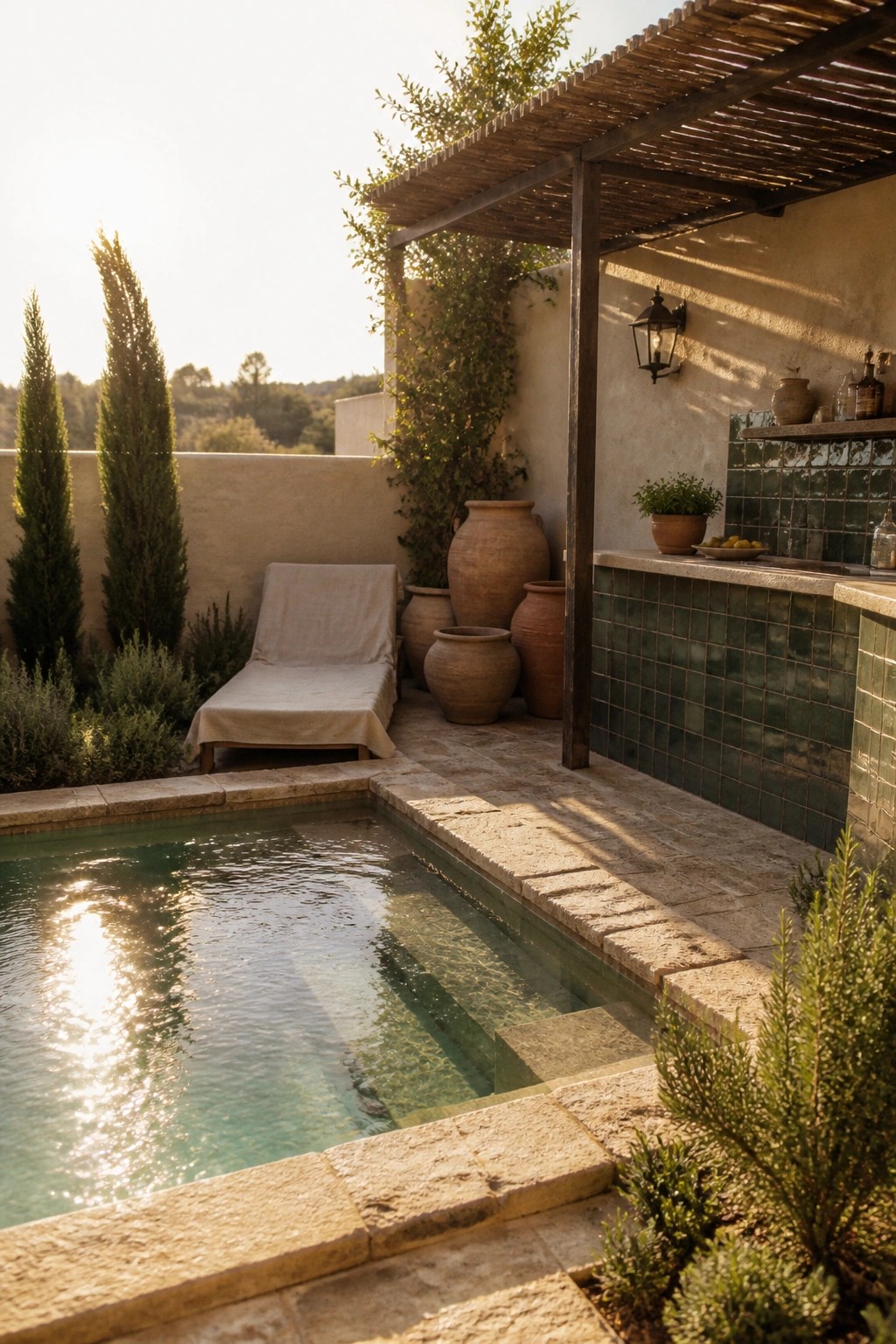 A small pool area with stone paving, a lounge chair, terracotta pots, and a wooden pergola covering a green-tiled bar counter.