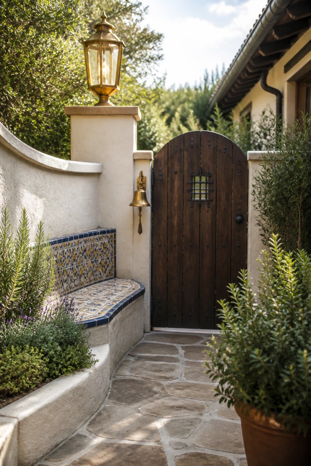 Stone path to arched wooden gate with lantern and tiled bench
