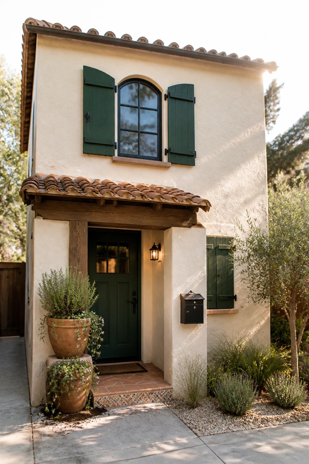 Beige stucco house with green shutters, arched window, and dark green door