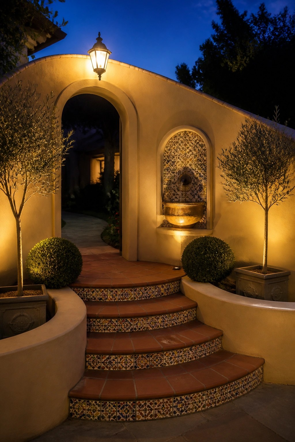 A stucco house entry at dusk with terracotta steps edged in colorful mosaic tile, an arched doorway, a tiled fountain niche, and two potted olive trees.