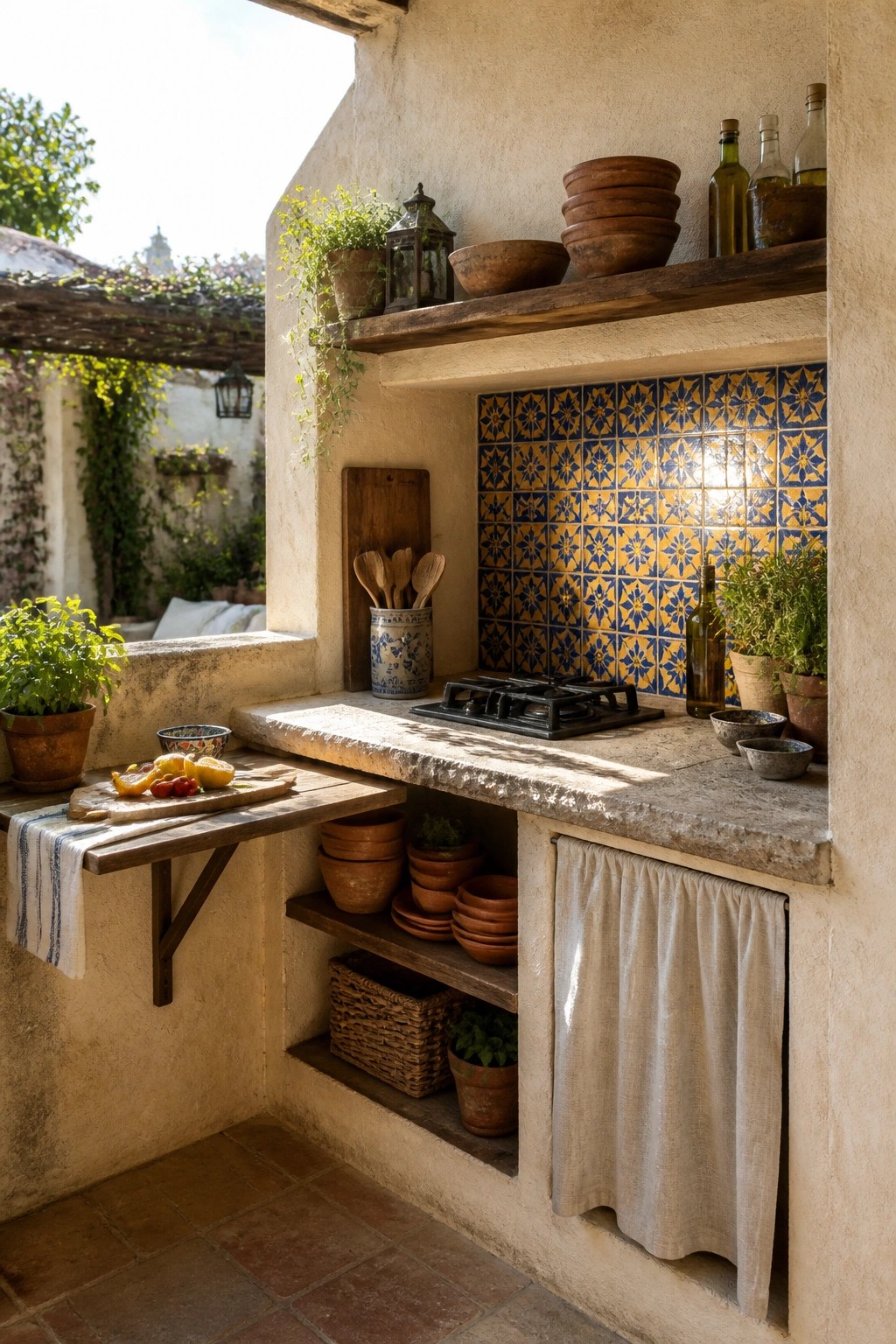 An outdoor kitchen counter with a blue and yellow patterned tile backsplash, black gas stove, wooden shelves holding pottery, and a fold-down wooden extension.