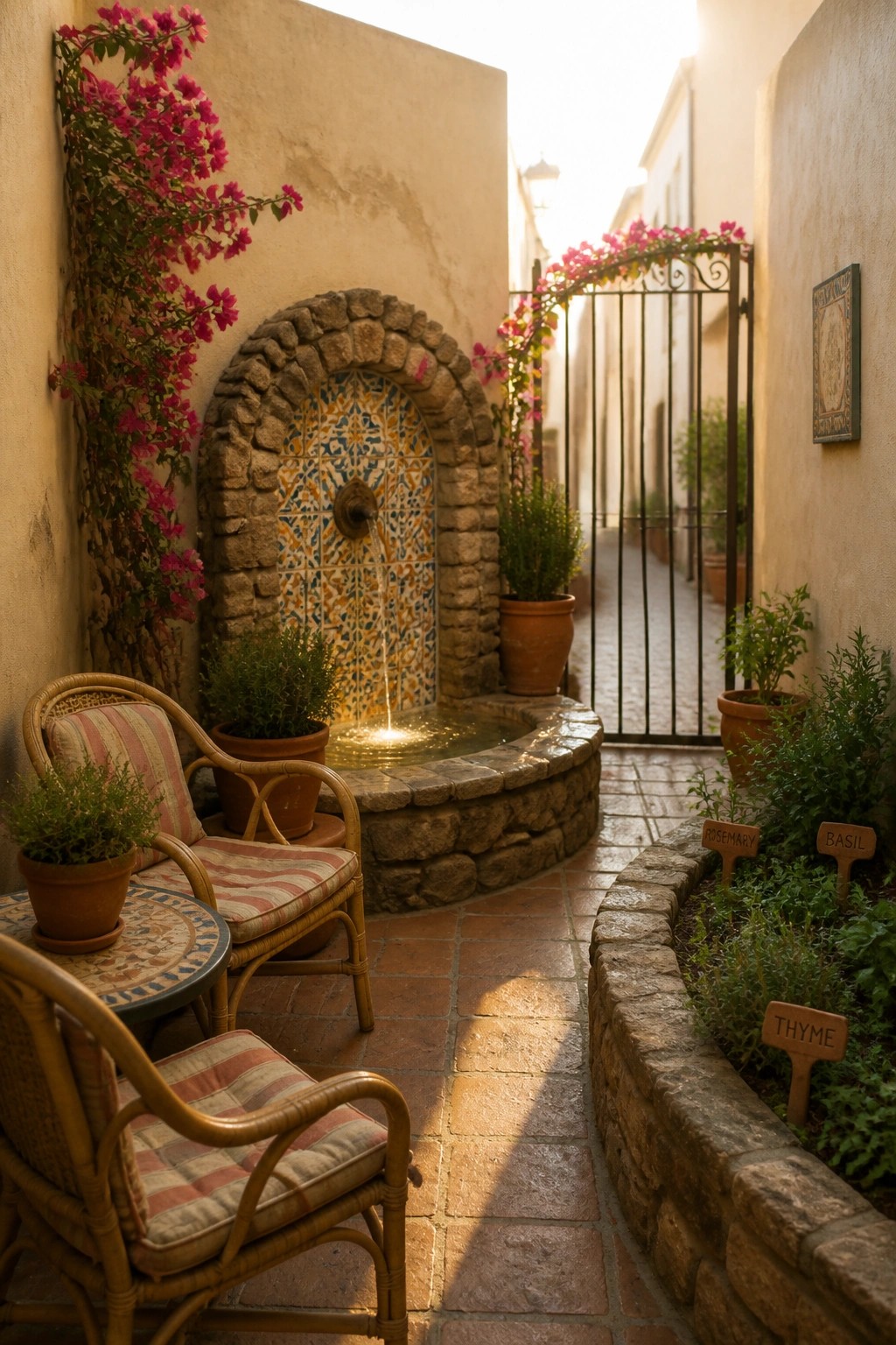 A narrow Mediterranean-style courtyard with a stone and tile fountain, wicker chairs with striped cushions, and potted plants along a brick path.