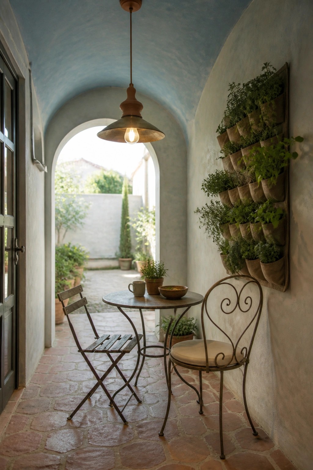 Patio under blue arch with round table, chairs, pendant light, and herb wall garden.