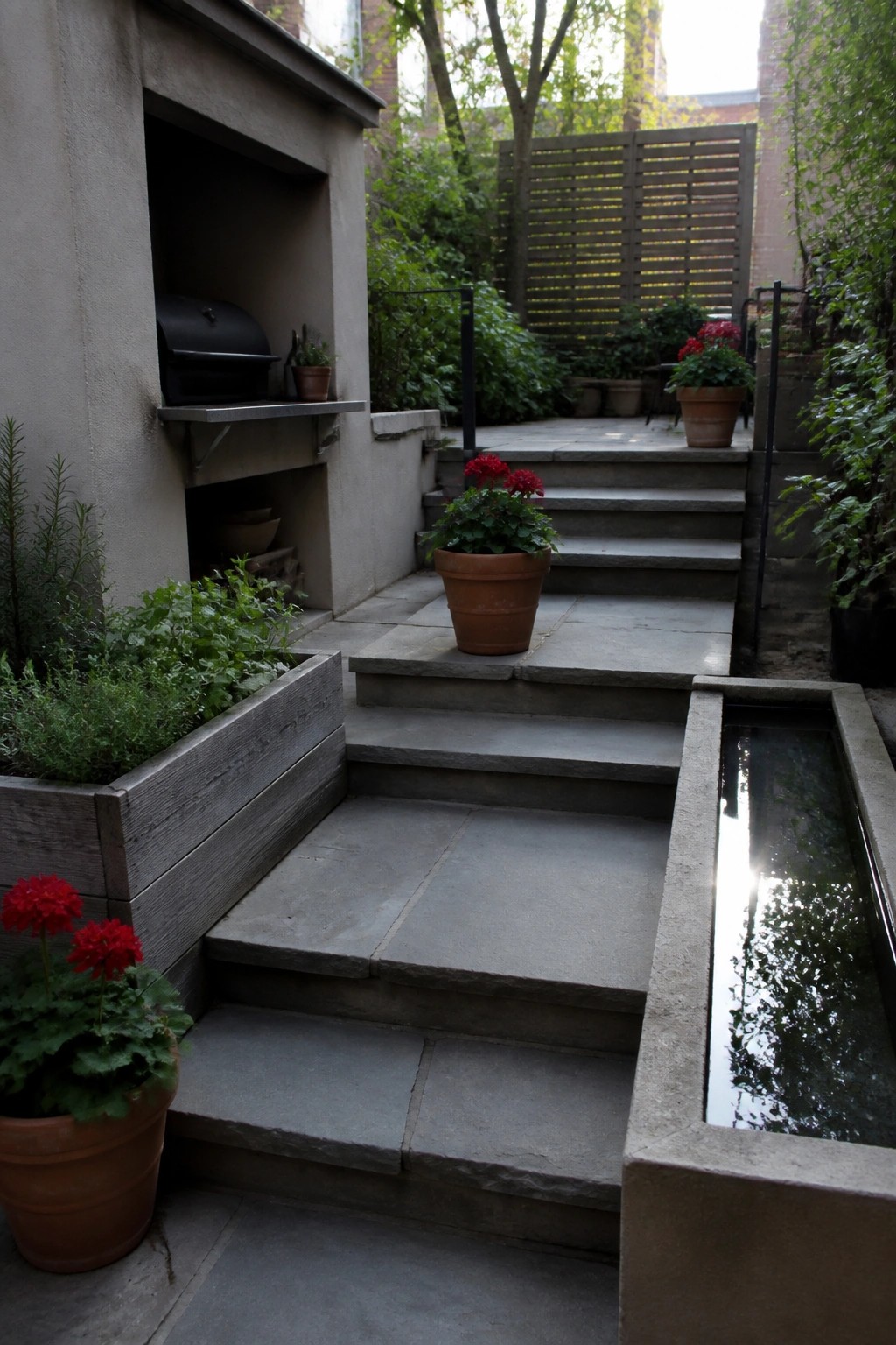 A small courtyard with stone steps, a built-in grill in a stucco wall, terracotta planters with red flowers, and a long concrete water feature along the right side.