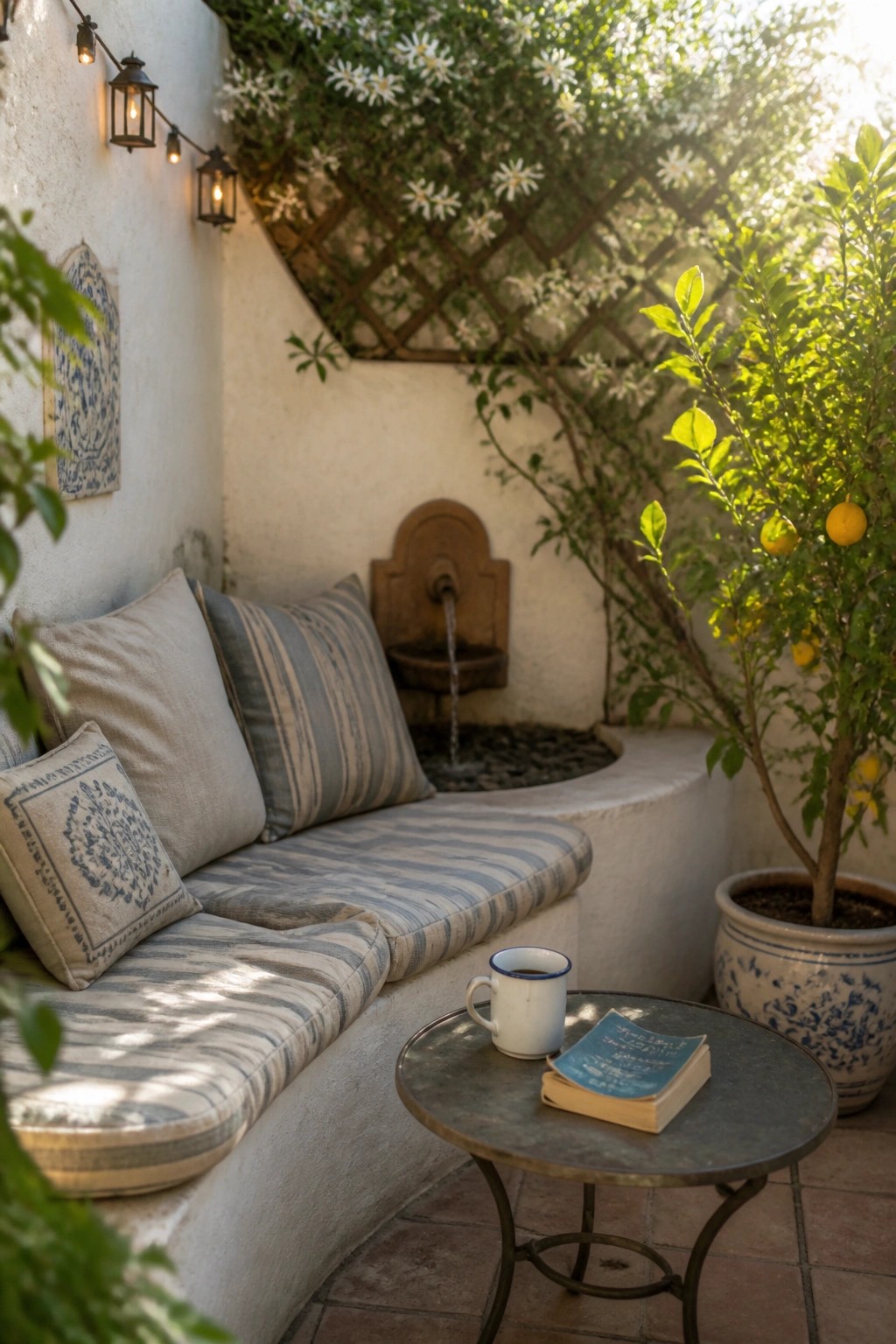 A small outdoor courtyard features a built-in cushioned bench along white walls, a stone fountain, a potted citrus tree, and a round metal table with a book and mug.