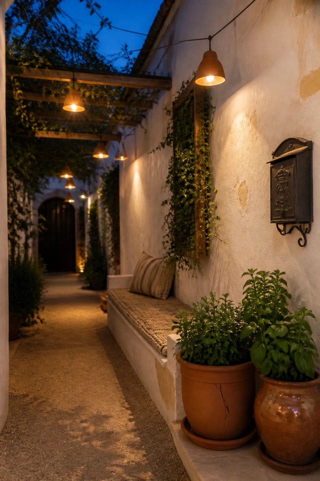 A narrow outdoor walkway with white walls shows a built-in bench with a cushion, several terracotta pots holding green plants, hanging lights, and climbing vines on the wall.