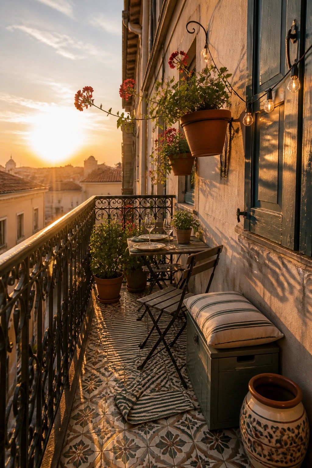 A narrow balcony features a small wooden dining table with two folding chairs, several terracotta pots with red flowers, string lights on the wall, and a striped cushion on a green storage bench overlooking rooftops at sunset.