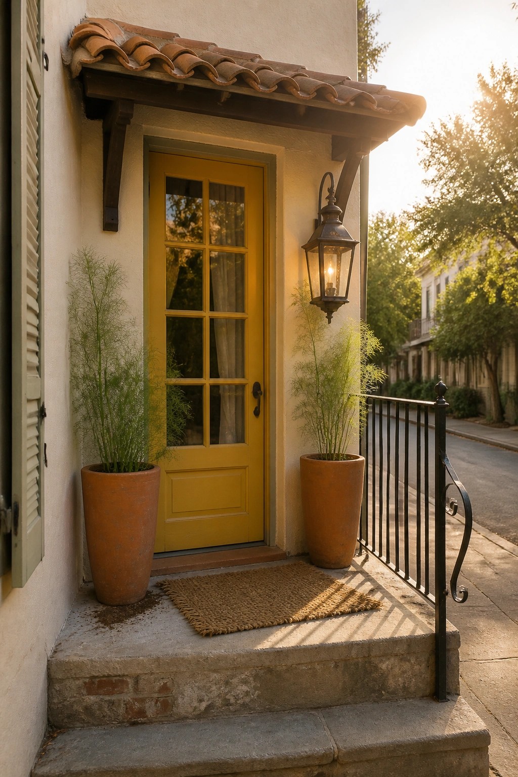 A yellow door under a terracotta tile awning on a house exterior, with two large terracotta pots holding tall green plants on the concrete steps.