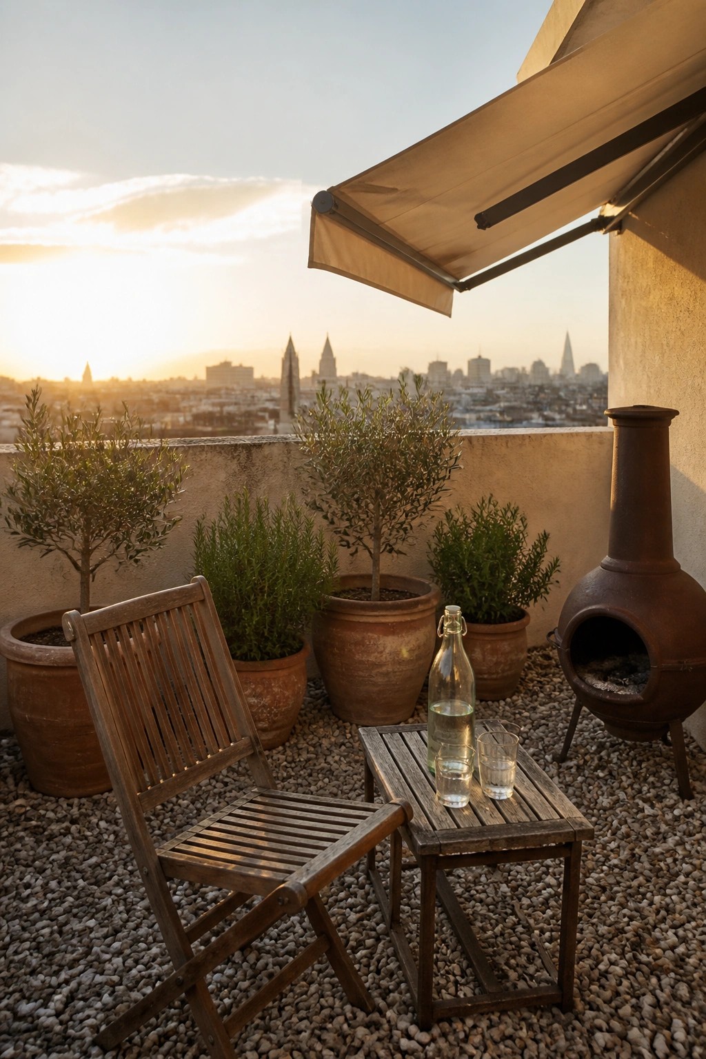 A small rooftop terrace with gravel flooring, wooden folding chair and table, terracotta pots with plants, an awning, and a chiminea overlooking a city skyline at sunset.
