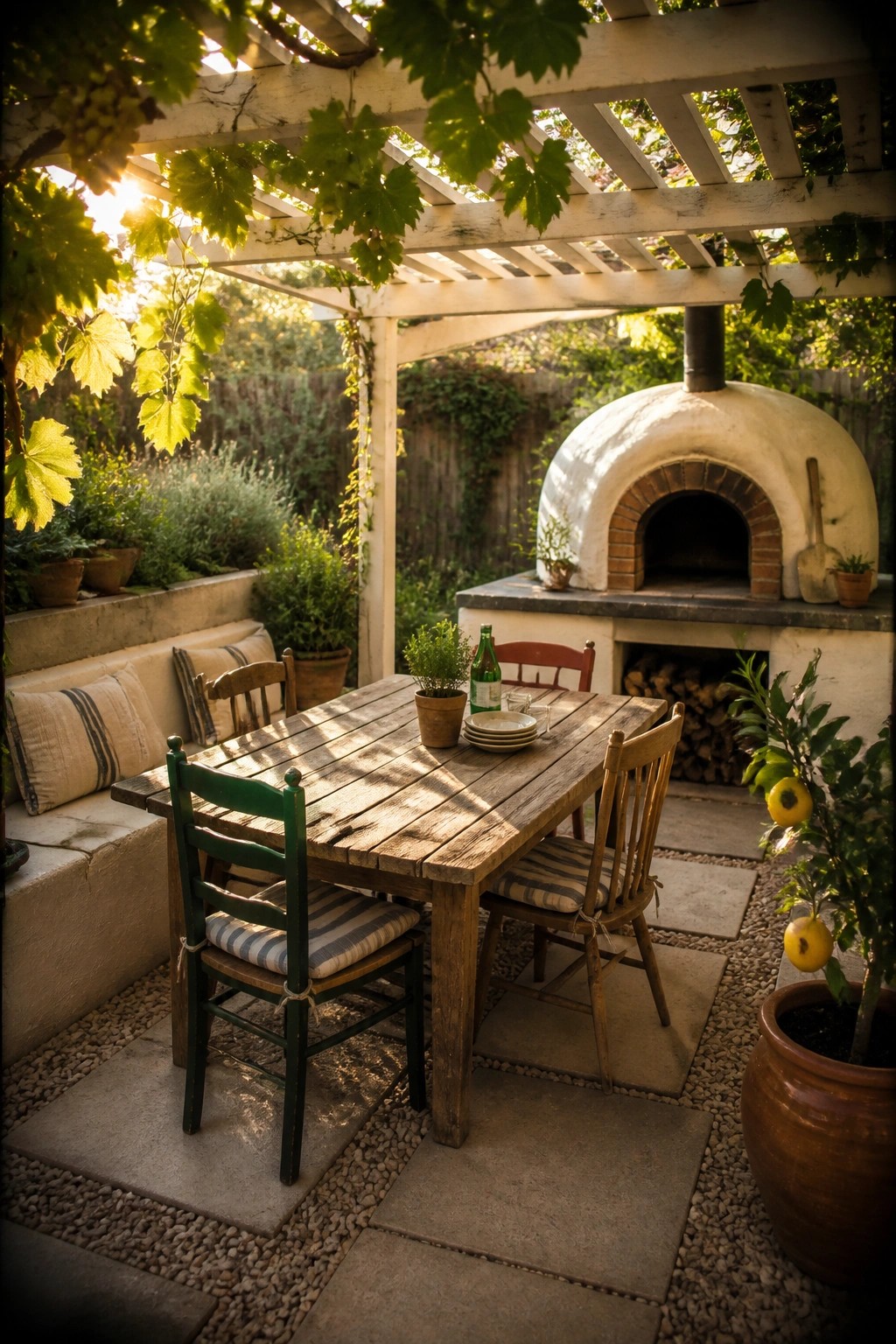 A wooden dining table with mixed chairs sits under a white pergola draped in green vines beside a white pizza oven on a stone and gravel patio.