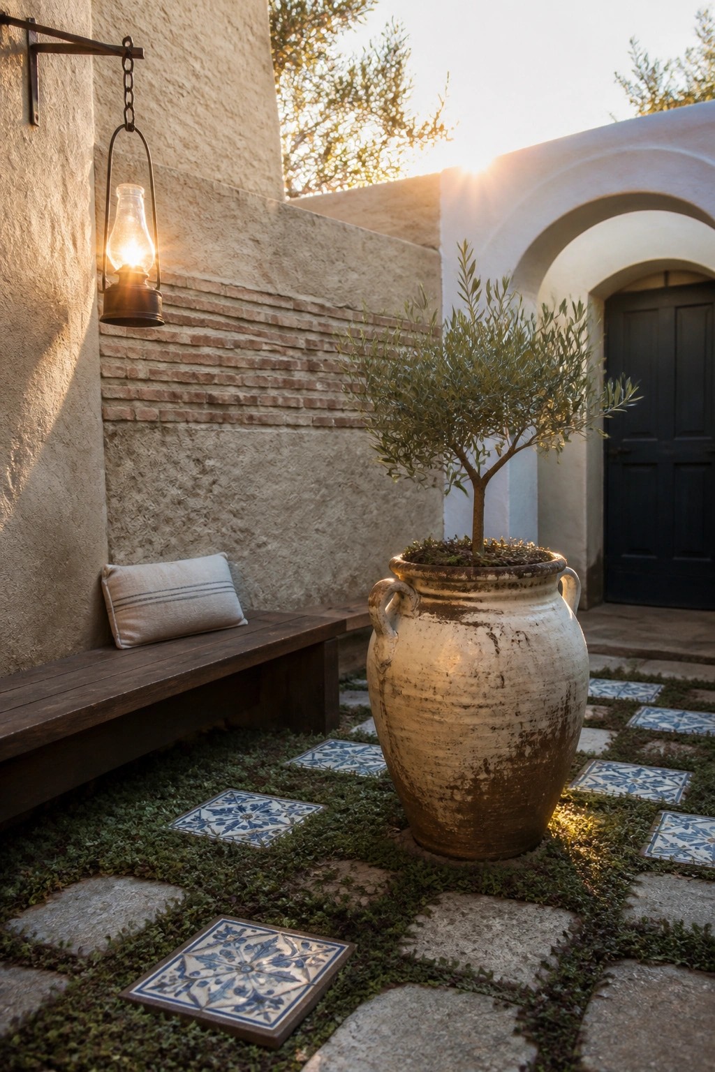 A wooden bench with a cushion rests against a stucco wall beside a large aged ceramic pot holding a small tree on a stone path with blue and white tiles set in grass, and a lit lantern mounted on the wall.