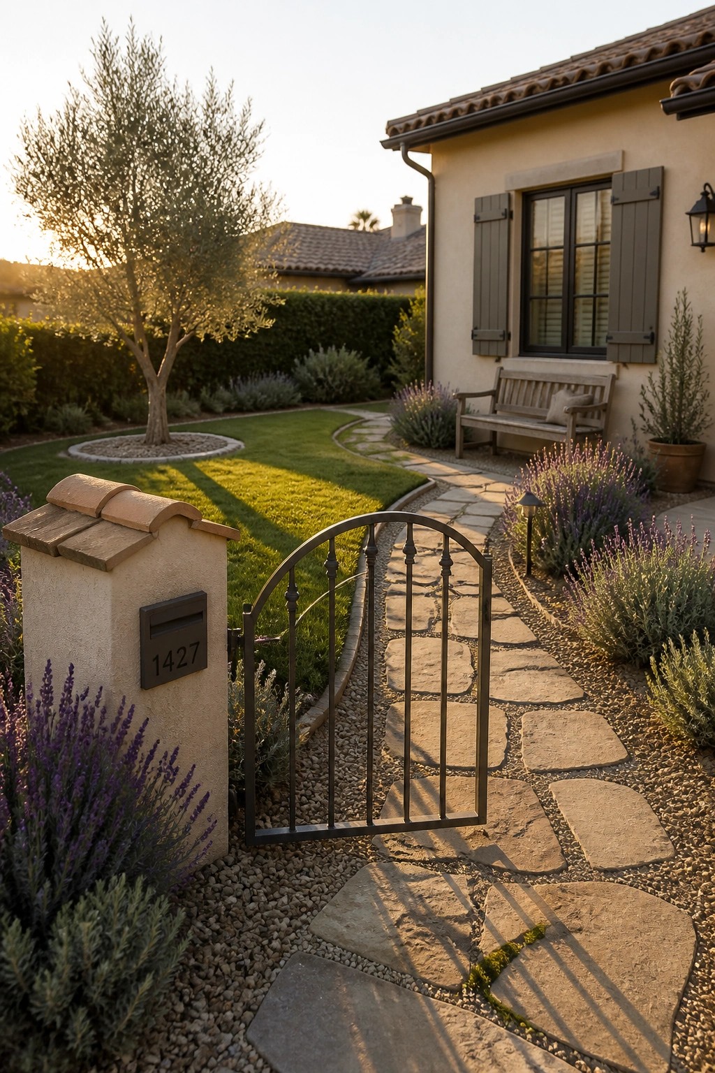 A stone paver path set in gravel curves past lavender plants and a metal gate toward a stucco house with a wooden bench nearby.