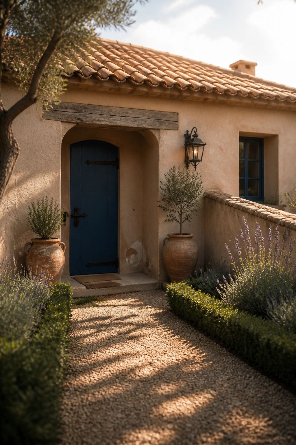 A beige stucco house with a blue wooden front door, terracotta pots with greenery, and a gravel path leading to the entrance.