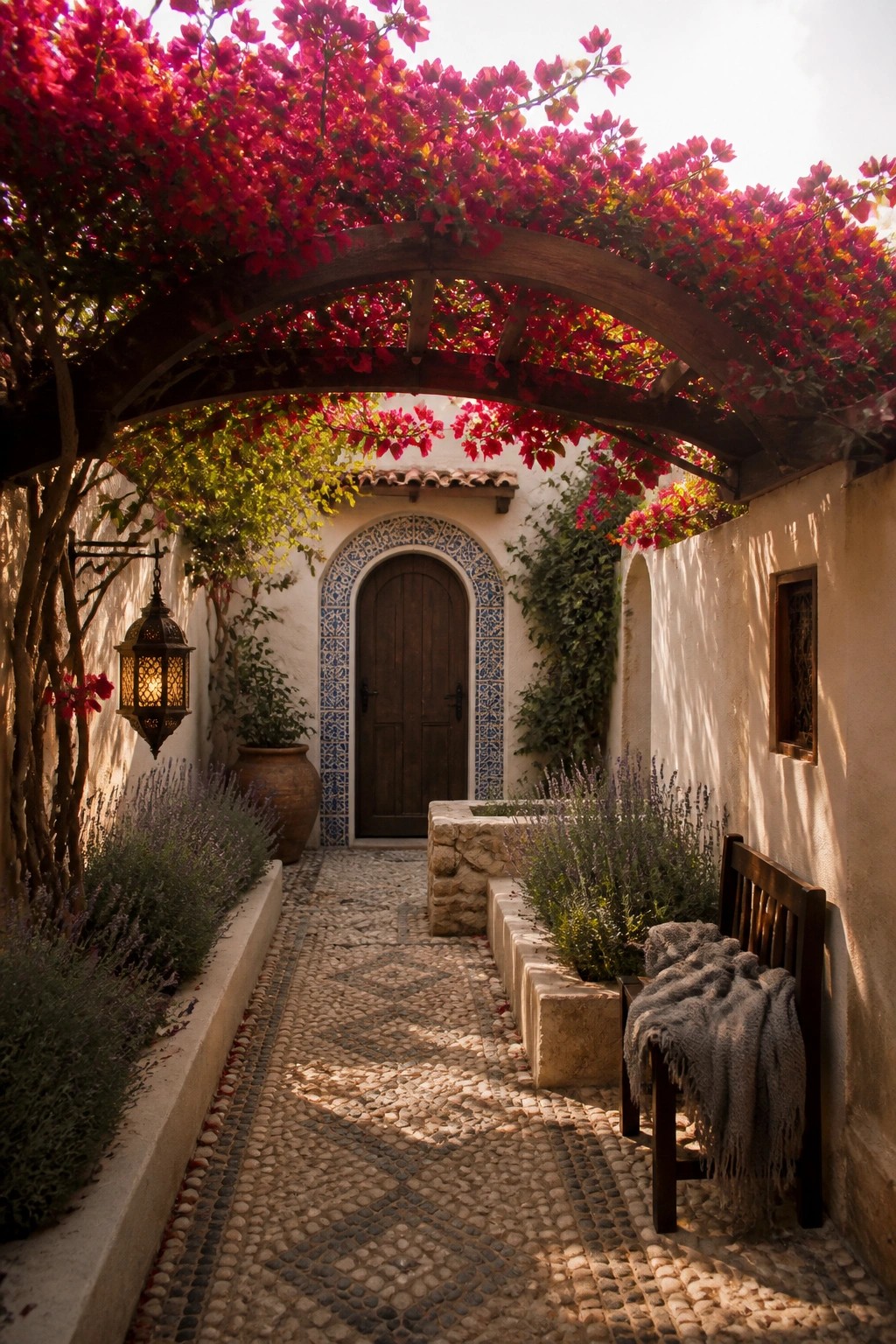 A narrow pebble path runs under a wooden arch draped in bright pink bougainvillea toward a wooden door framed by blue and white tile on a white stucco wall.