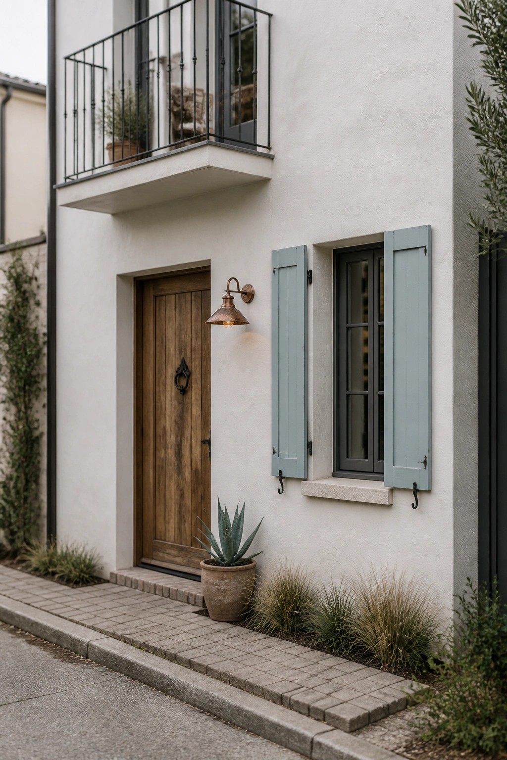 A white stucco house exterior showing a wooden front door with a wall sconce light to the right and light blue shutters on an adjacent window.