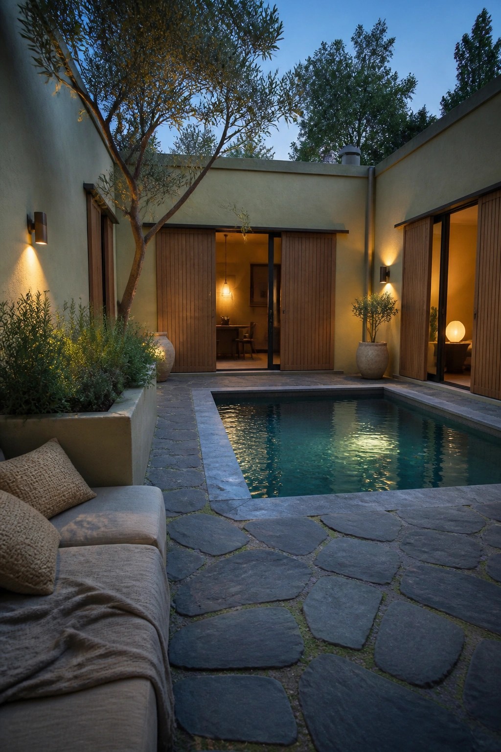 A rectangular swimming pool sits in a stone-paved courtyard enclosed by beige walls, with a tree in a raised planter on the left and open sliding doors on the right.