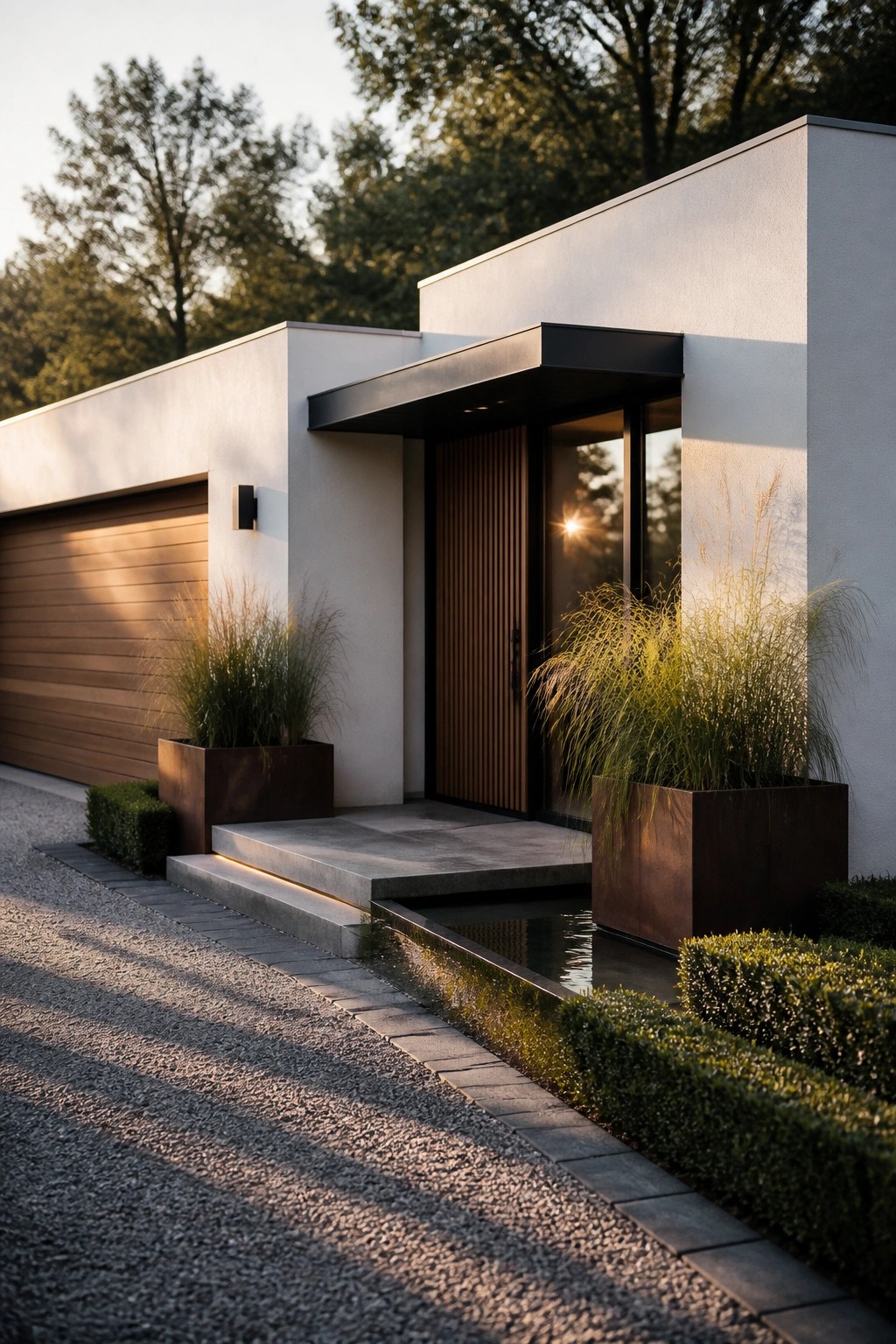A modern white house exterior with a dark rectangular canopy over the wooden front door, a matching wood garage door on the left, and large planters with tall grasses beside concrete steps.