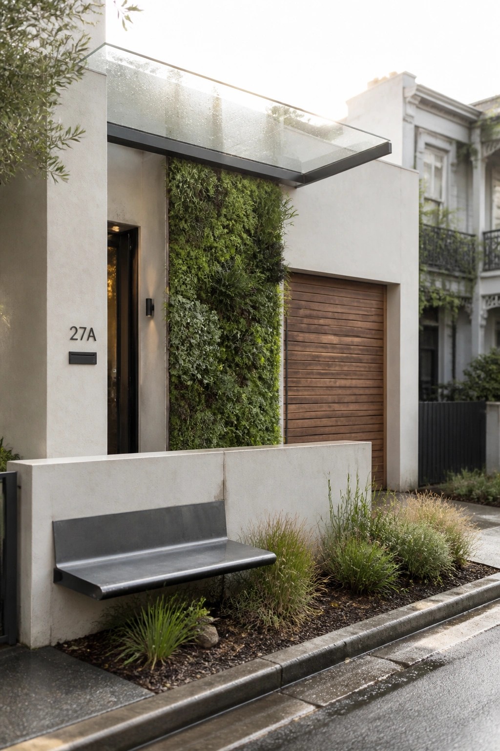Modern house exterior with a vertical green wall beside the front door, a concrete bench, and a wooden garage door.