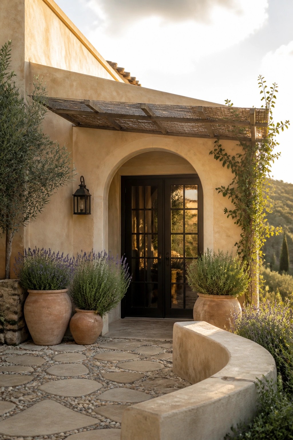 Stucco house exterior showing a black double door set inside an arched opening beneath a wooden pergola, with terracotta pots and plants on either side of a stone pathway.