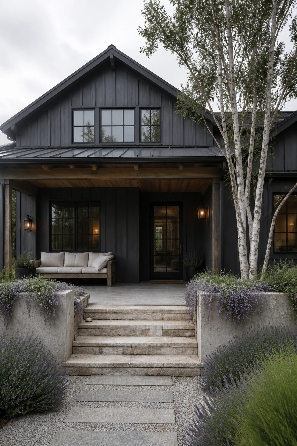 Front view of a dark gray contemporary house with a gabled metal roof, a covered porch with a bench, stone steps, and trees on the right side.