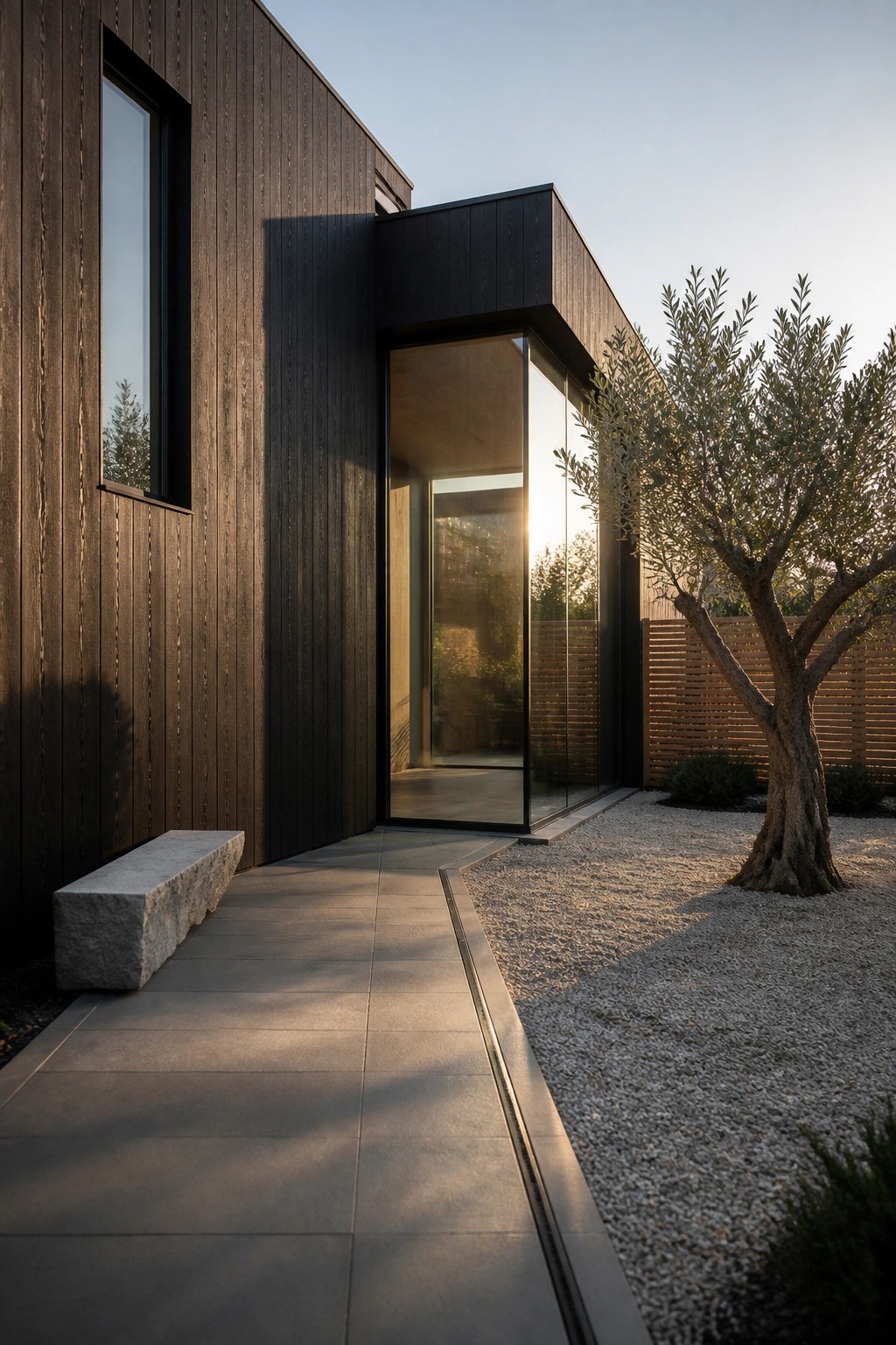 A modern house exterior clad in dark vertical wood with a tall glass entry door, a concrete walkway, and gravel landscaping with an olive tree.
