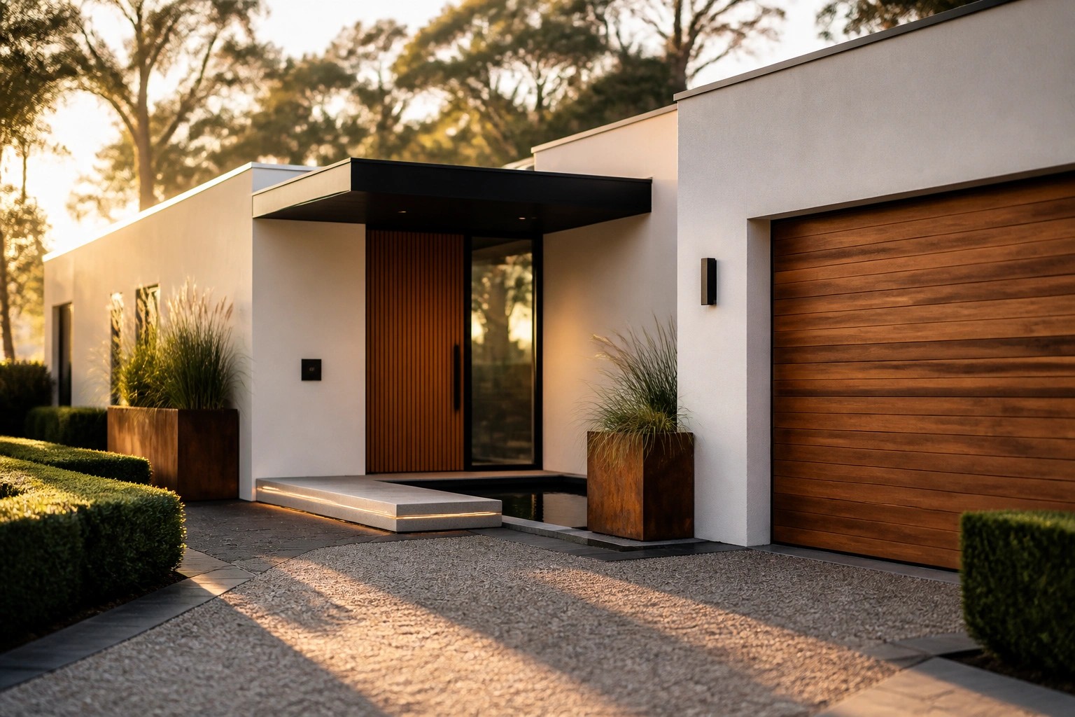 A modern white house exterior with a dark rectangular canopy over the wooden front door, a matching wood garage door on the left, and large planters with tall grasses beside concrete steps.