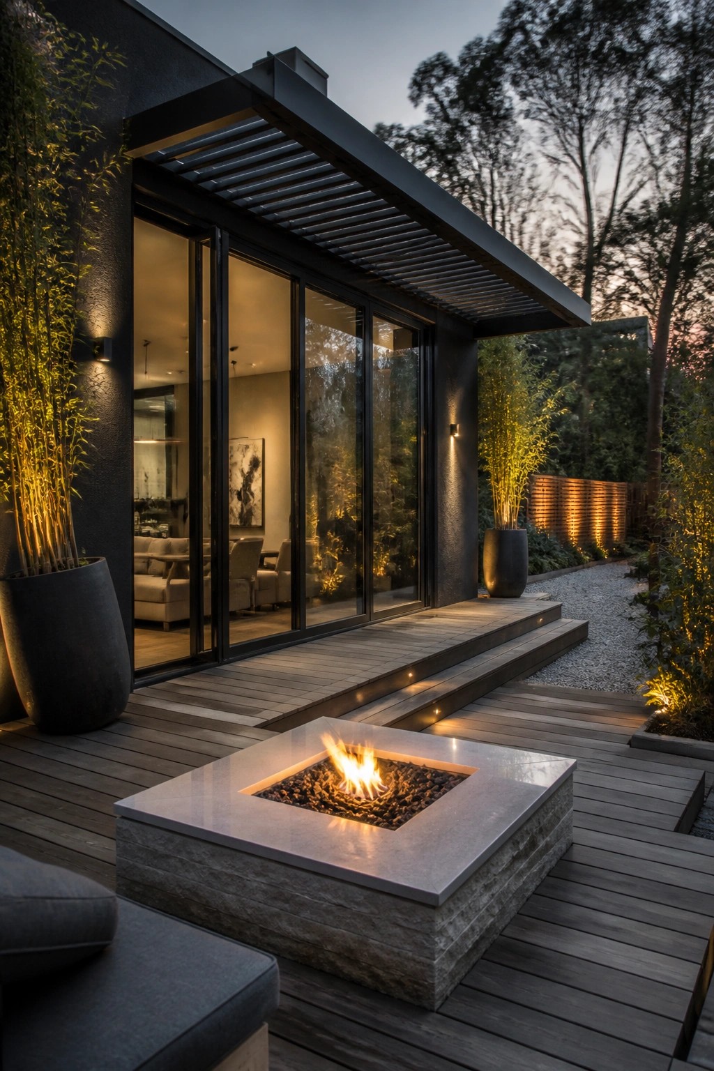 A contemporary house with large black-framed sliding doors opening onto a wooden deck that features a square concrete fire pit with a burning fire, potted bamboo plants, and steps leading to a gravel path.