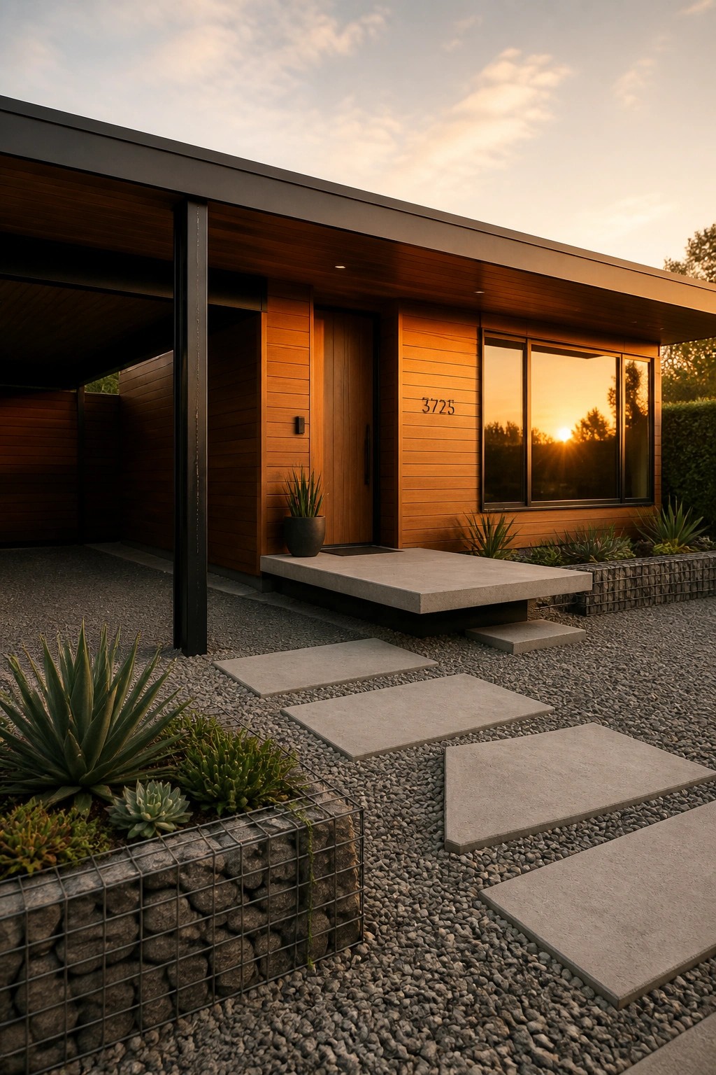 Modern wooden house entrance with concrete steps, gravel path, succulents, and sunset reflections.